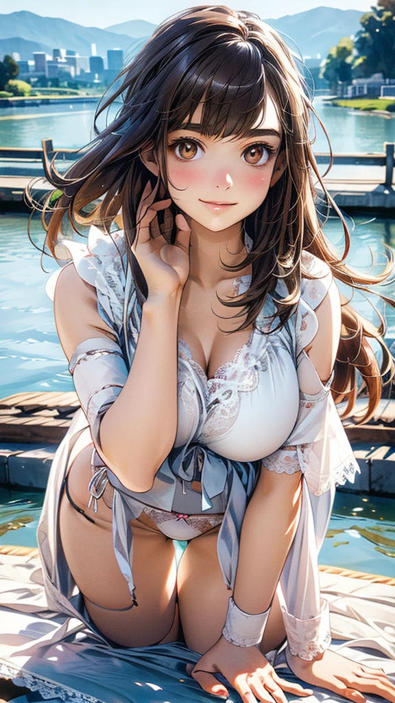 (masterpiece:1.2, Highest quality), (Realistic, photoRealistic:1.4), Beautiful illustrations, (Natural Side Lighting, Cinema Lighting), 
View your viewers, 1 girl, Japanese, Junior high school girl, 14 years old, Perfect Face, cute and symmetrical face, Glowing Skin, thin, 
(Mid-length hair:1.2, Half Up:1.4, Light brown hair), Asymmetrical bangs, Brown eyes, Long eyelashes, (Mid-chest:0.7), 
Beautiful Hair, Beautiful Face, Beautiful details, Beautiful clavicle, Beautiful body, Beautiful fingers, (((Panties are visible))) ((Very large saggy tits)), ((In underwear、White lace underwear))((Fullback panties))Underarm , Slightly , Very large breasts, Full body angle, 14 year old woman , Thick thighs
((Detailed cloth texture)), 
(Beautiful views), evening, (River side), Are standing, (cute, cute smile, Upward glance),