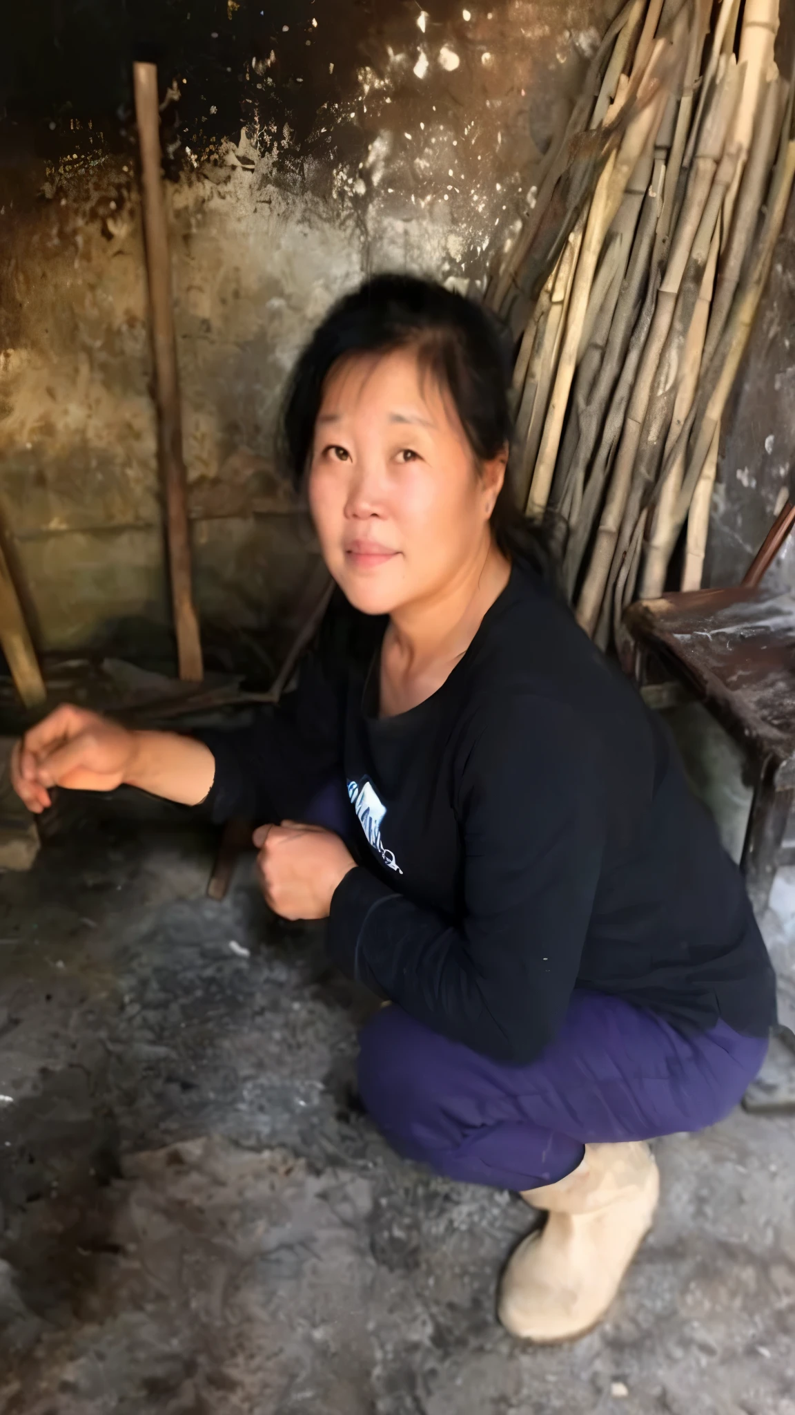 Woman crouching in dirty room，Holding a wooden chair, Vietnamese woman, female blacksmith, 3 0--old ale, Profile picture, xiang duan, an asian woman, portrait, Inspired by Ruth Jên, hard Morning Light, Photo of a woman, Morning Light, author：Emma Andijewska, 照片portrait, Chinese woman