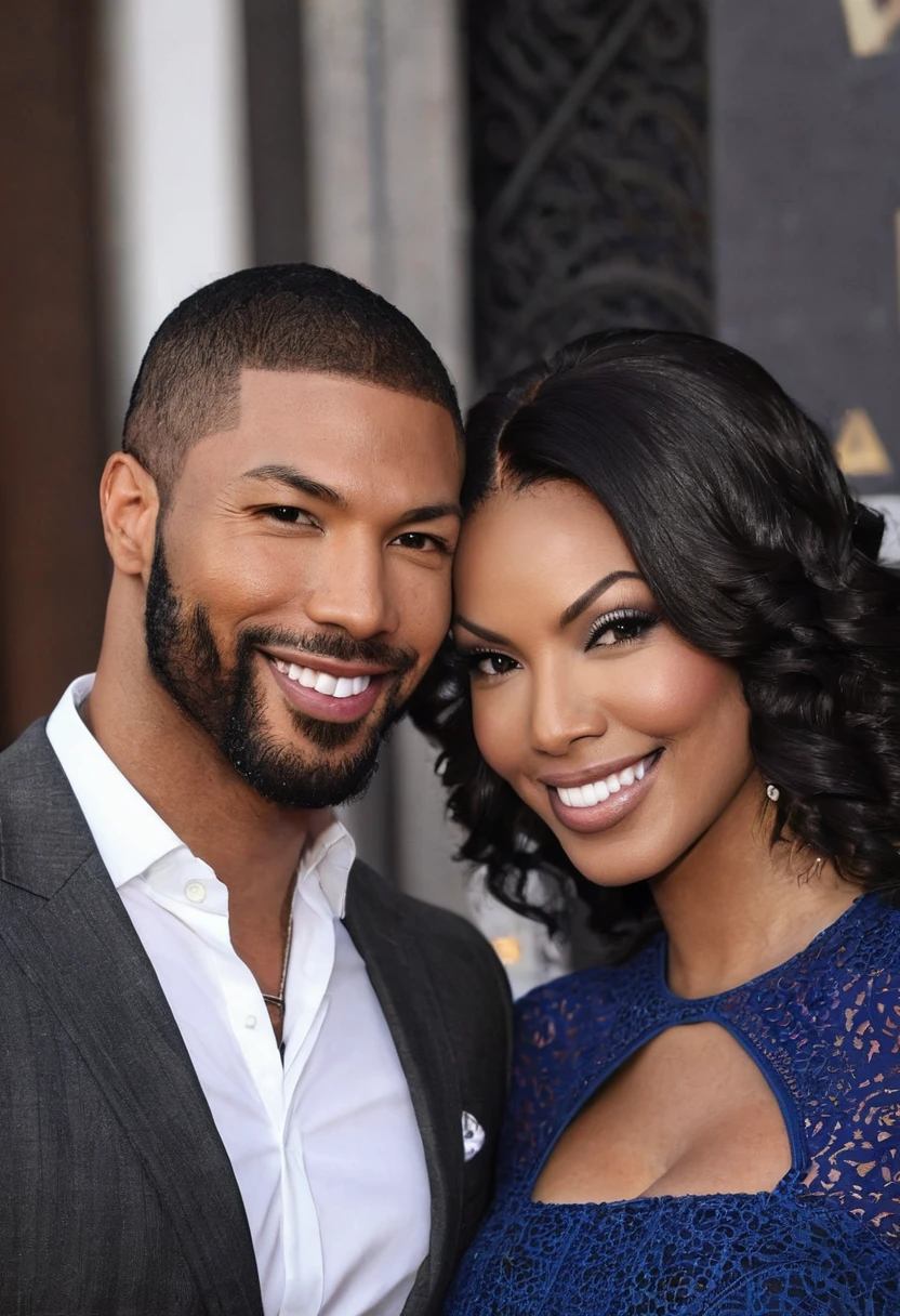 Tera Patrick and a handsome African American male whose facial features are a combo of Charles Michael Davis + Nathan Mitchell + Omari Hardwick pose together for a photo. Both are smiling. Both are attired attractively but casually for a date. Tera has lovely makeup on her face. Daytime. Romantic ambiance. Symmetrical eyes. Symmetrical faces. Lovely details. Photorealistic. Full-colored photo. Professional photo. Highly detailed 8K.