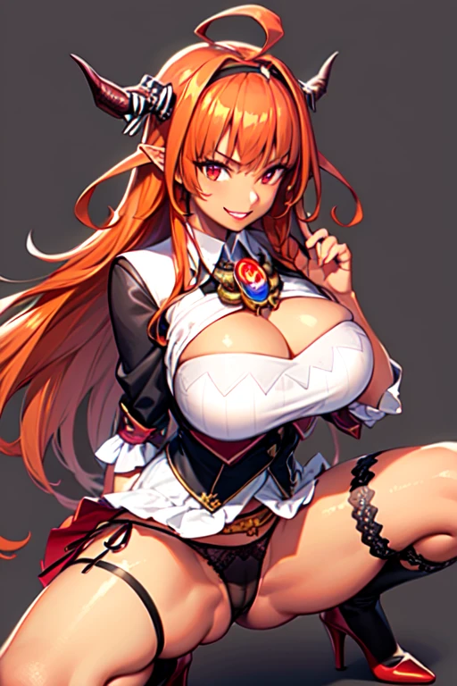 One girl, alone, masterpiece, Highest quality, Detailed face, Face Focus, Wicked Smile, Grin, Red lips, Long eyelashes, View your viewers, Big Breasts, Golden, jewelry, (Skirt Lift:1.3), (Lace trim panties:1.3), (Camel Toe:1.2) ,(String:1.2), Glowing Skin, (mahogany colored dark skin:1.6), (Dark Skin), (Pink Hair:1.5), Chubby, Plump, Big Belly, Thick thighs, Simple Background, squat, Spread your legs, (High heels) break, coco, Long Hair, Striped Hair, Single Blade, Black hair band, Horned bow, Dragon Tail, Black jacket, White shirt, Collared shirt, Cleavage cutout, brooch, Red Skirt, Single knee socks, Thigh straps, Asymmetrical legwear,