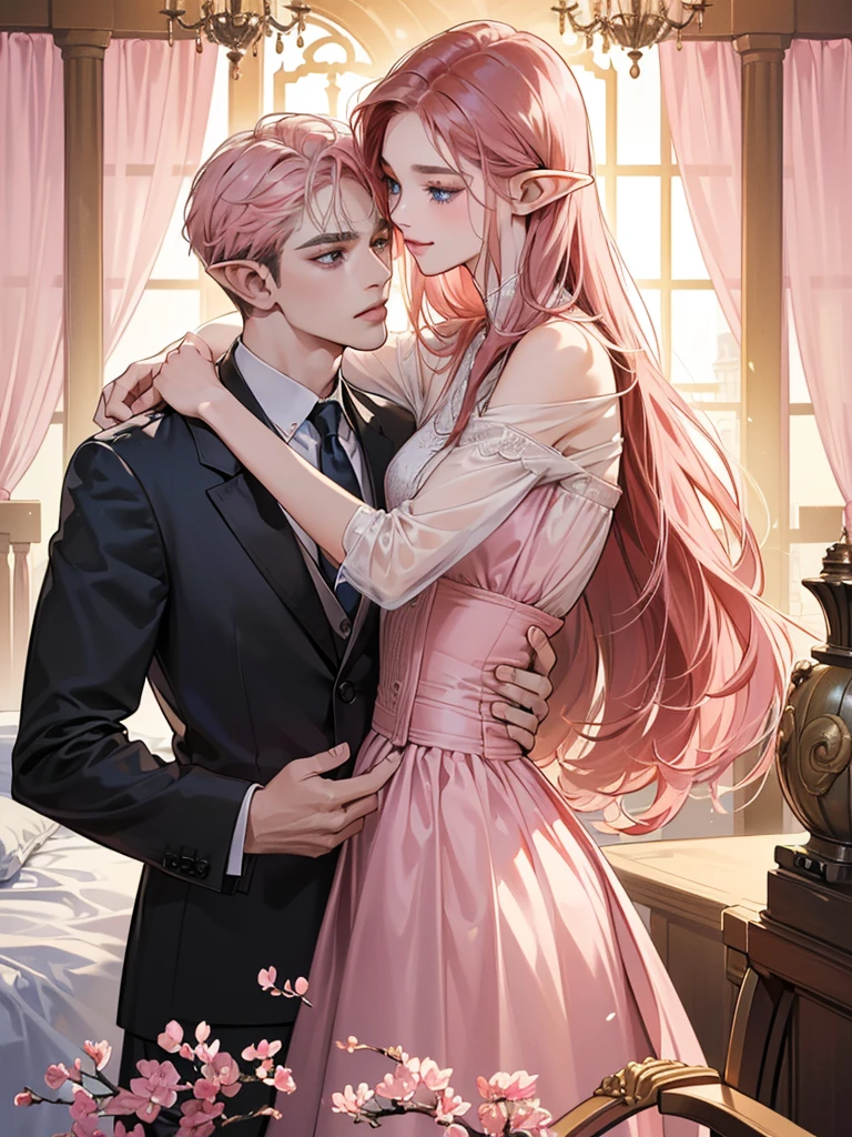 (masutepiece, Digital Art, Digital Illustration, 4K, 8K, Ultra-detailed, beautiful image, Sharp Image, Photorealistic, Raw photo, Perfect face, Perfect lines, Perfect eyes, Soft lighting) 1 woman, (Long pink Hair,straight haired,Bullish gaze,Beautie,elf women ,Woman in suit,Solid makeup,23 y-o woman,small tits:1.3),Secretary, handsome men in suits, (ember,black wolf hair,blue eyes,wolf tail and ears,Men in suits,well-muscled,Firm shoulder width,Adult male,Boyish hairstyle,English gentlemanly style,Man in his 30s with a cool expression,28-year-old man with bright smile:1.2),Bedrooms、a canopy bed、Antique Clamps,Antique chair,chandeliers,Parti、a couple、couple kissing、the kiss、Romance