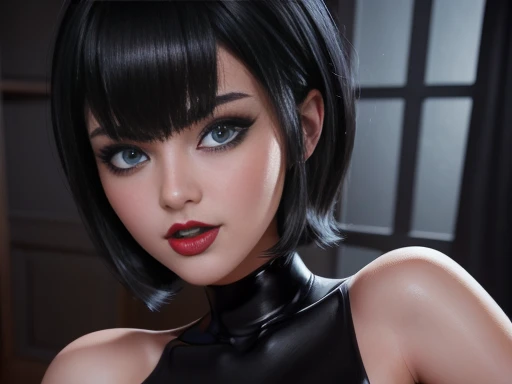 Beautiful girl short black hair, blue eyes, White skin , black manicure and voluminous red lips, body,beautiful and perfectly detailed,  NSFW ,Image 1.2 high resolution 12k gotich makeup fanart Stunning wallpaper 