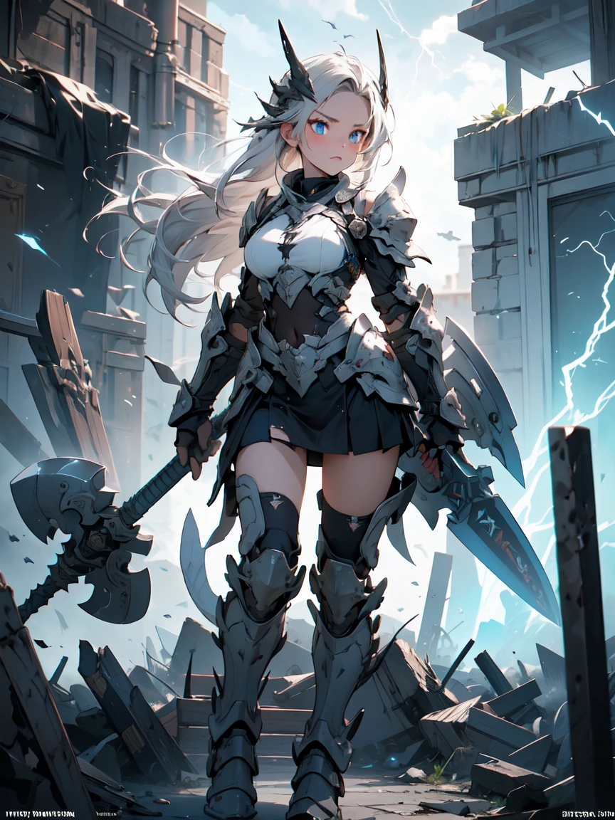 (((masterpiece, highest quality, 16k)))A striking artwork of a fierce female warrior standing on a rugged battlefield. The full-body view showcases her in rugged, functional black and grey armor, exuding an aura of formidable power and indomitable will. Her short, spiky blonde hair frames a face of fierce beauty, highlighted by steely blue eyes that radiate intense focus and relentless determination. She holds a battle axe, heavily adorned and glowing with brutal strength, adding to her intimidating presence. The scenery around her is a war-torn battlefield with smoldering ruins and a stormy sky. The flashes of lightning and the sound of distant thunder enhance the atmosphere of relentless combat, creating a scene of raw power.