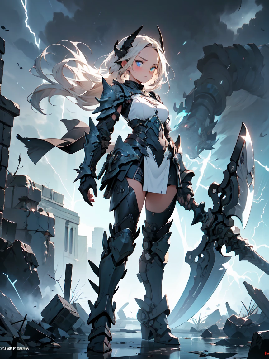 (((masterpiece, highest quality, 16k)))A striking artwork of a fierce female warrior standing on a rugged battlefield. The full-body view showcases her in rugged, functional black and grey armor, exuding an aura of formidable power and indomitable will. Her short, spiky blonde hair frames a face of fierce beauty, highlighted by steely blue eyes that radiate intense focus and relentless determination. She holds a battle axe, heavily adorned and glowing with brutal strength, adding to her intimidating presence. The scenery around her is a war-torn battlefield with smoldering ruins and a stormy sky. The flashes of lightning and the sound of distant thunder enhance the atmosphere of relentless combat, creating a scene of raw power.