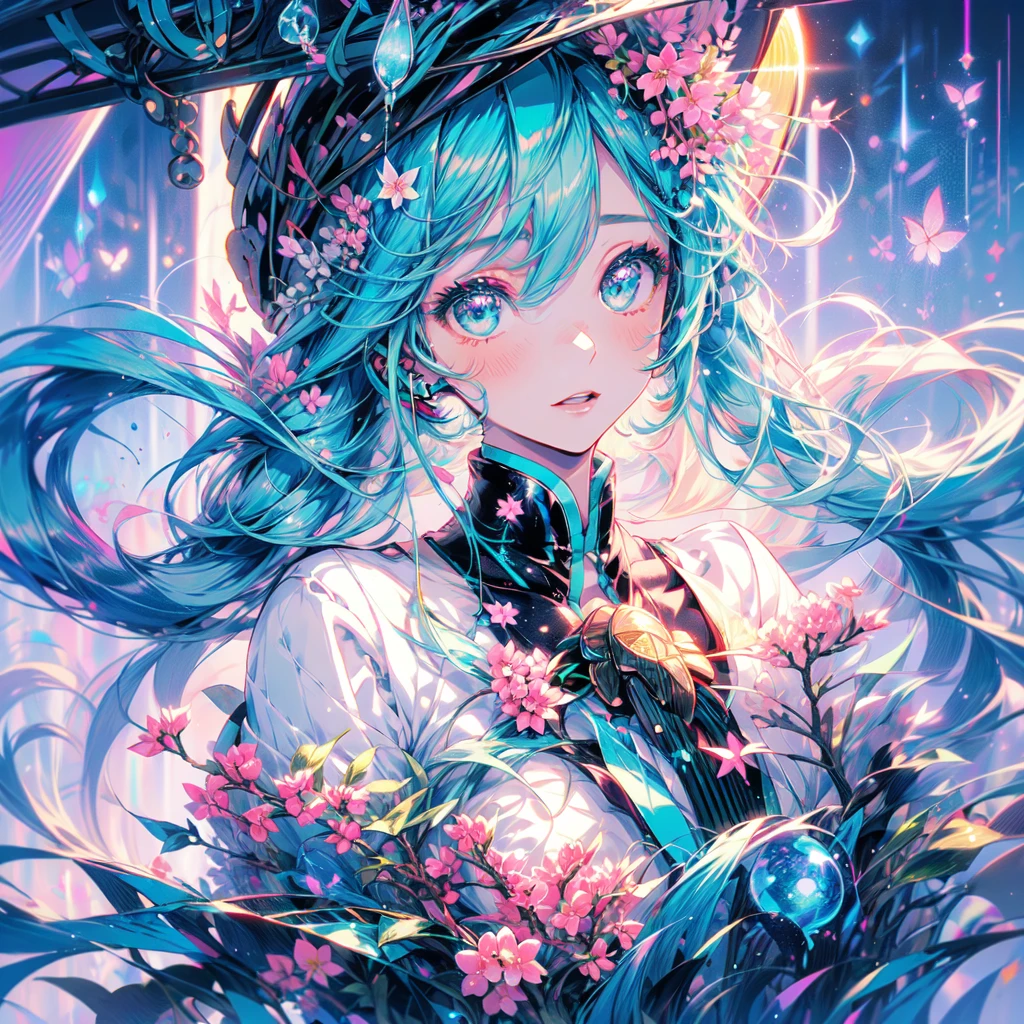 Pearls adorned with pastel pink dresses and hair accessories、Ren Hao、And hair dyed in candy color。With shining green eyes that play innocently、detailed eyes, A beautiful girl who is somehow mysterious like a angel, The halo, the angel's wings,