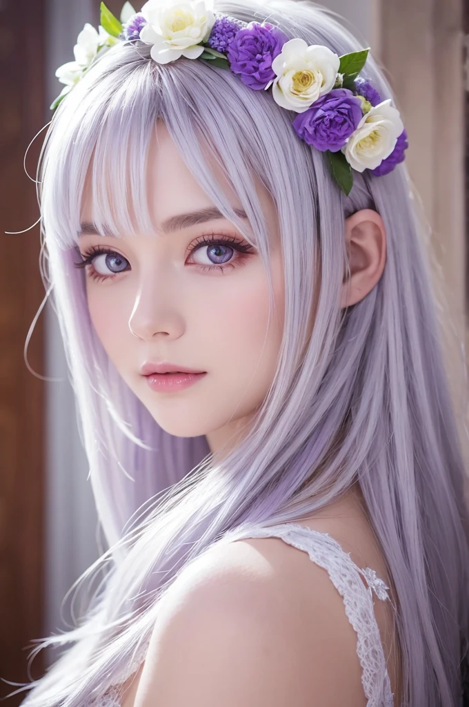 Beautiful white woman, silver hair, long hair, purple eyes, dressed up, flower decoration on head