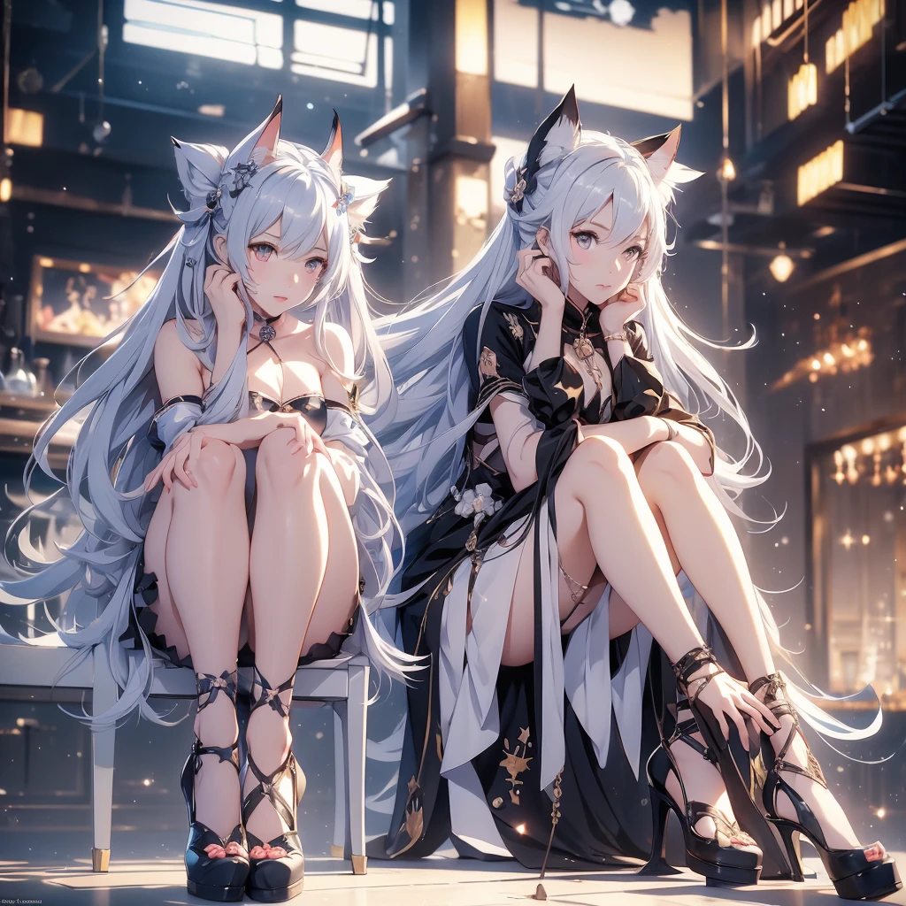 anime girl with long white hair and a cat ears sitting on a chair, kantai collection style, seductive anime girl, azur lane style, beautiful anime girl squatting, (sfw) safe for work, anime moe artstyle, , from the azur lane videogame, the anime girl is crouching, cushart krenz key art feminine