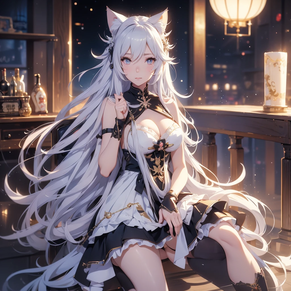 anime girl with long white hair and a cat ears sitting on a chair, kantai collection style, seductive anime girl, azur lane style, beautiful anime girl squatting, (sfw) safe for work, anime moe artstyle, , from the azur lane videogame, the anime girl is crouching, cushart krenz key art feminine