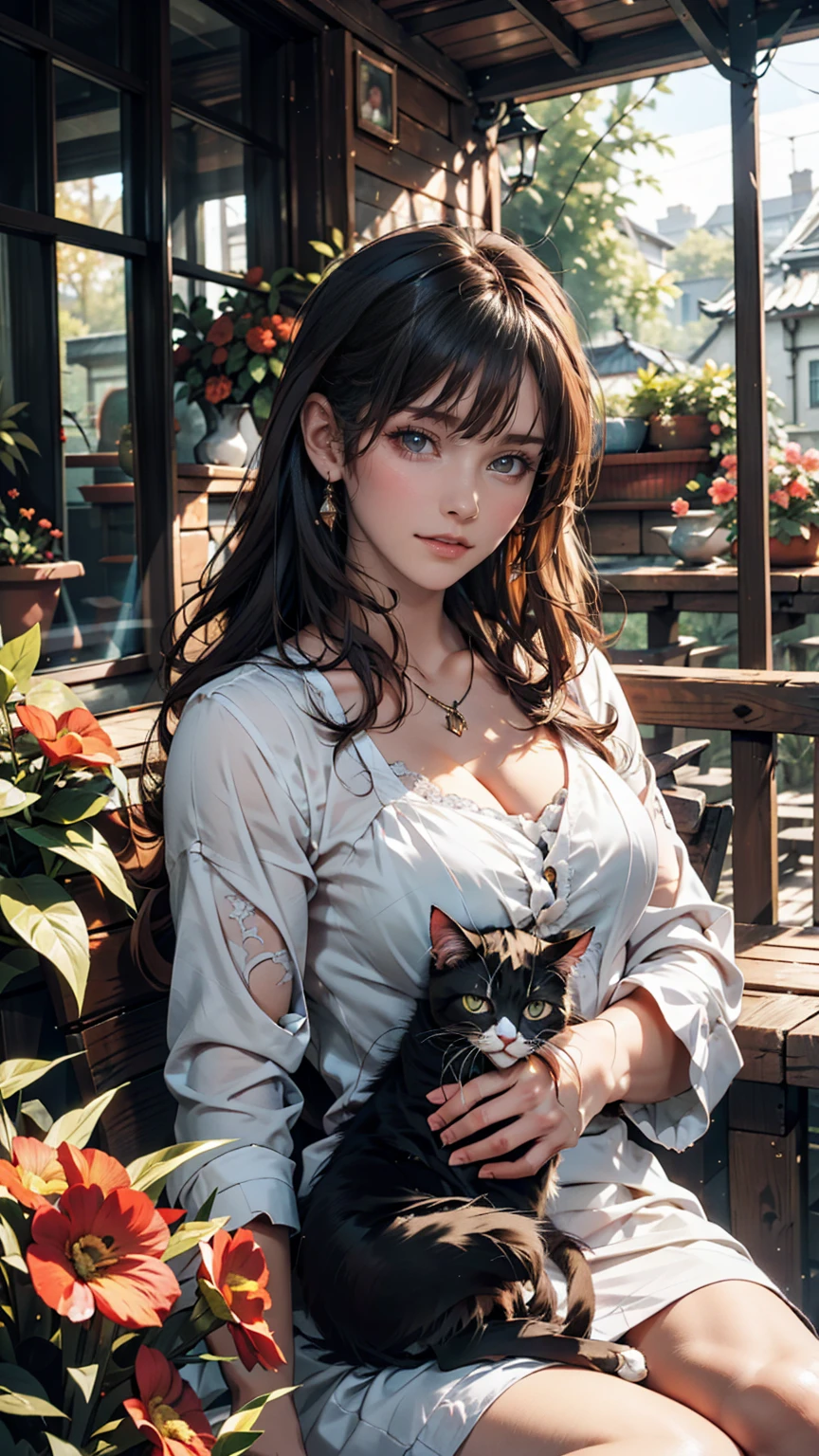 On the veranda of an old country house、A woman and her cat spending an afternoon knitting。The cat is sunbathing、Curled up comfortably。There is a flower-filled garden all around.