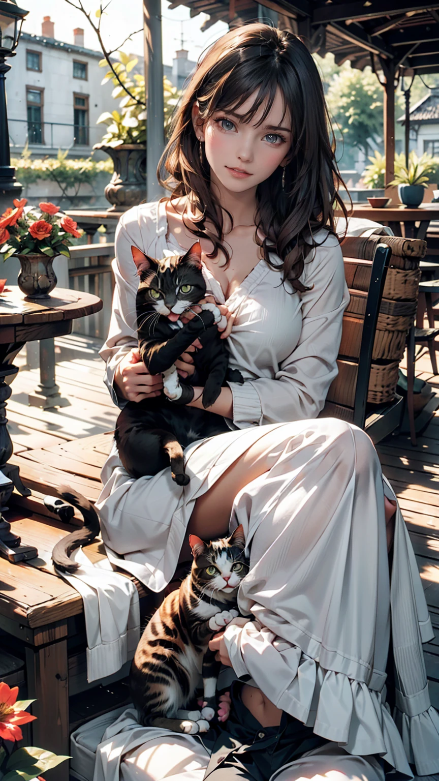 On the veranda of an old country house、A woman and her cat spending an afternoon knitting。The cat is sunbathing、Curled up comfortably。There is a flower-filled garden all around.