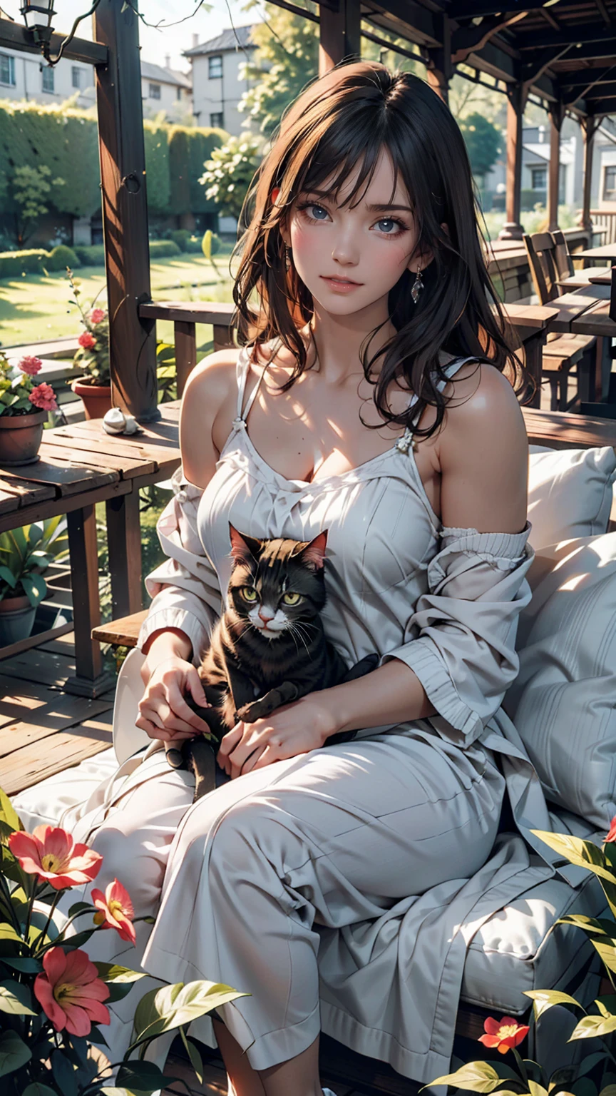 On the veranda of an old country house、A woman and her cat spending an afternoon knitting。The cat is sunbathing、Curled up comfortably。There is a flower-filled garden all around.