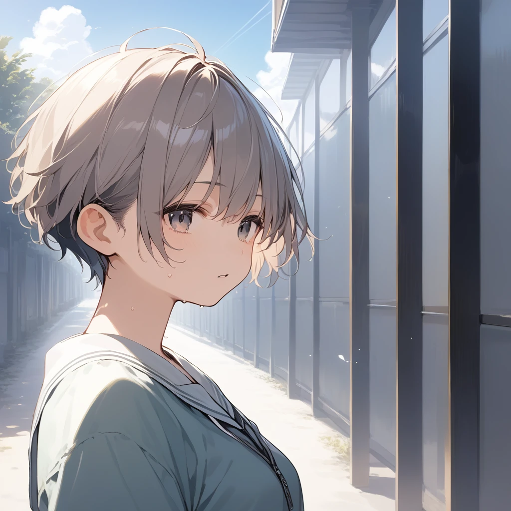 score_9, score_8_up, score_7_up, source_anime, best quality, masterpiece, official art, absurdres, highres, ultra-detailed,waifu2x,Collection: Slice of Life,break,1girl, tomboy, very short hair, pixie cut, breasts, hanme, beautiful detailed eyes, expressionless, shorts,sweat, parted lips, sleepily, outdoors,meadow, wind, break,(clear line illustration:1.2), super detailed skin,very high resolution, very aesthetic, Best sexual lighting powered by famous artist, 8k, beauty illustration,photoshop_(medium),,(Detailed Lighting),best anime 8k konachan wallpaper, pixiv contest winner,