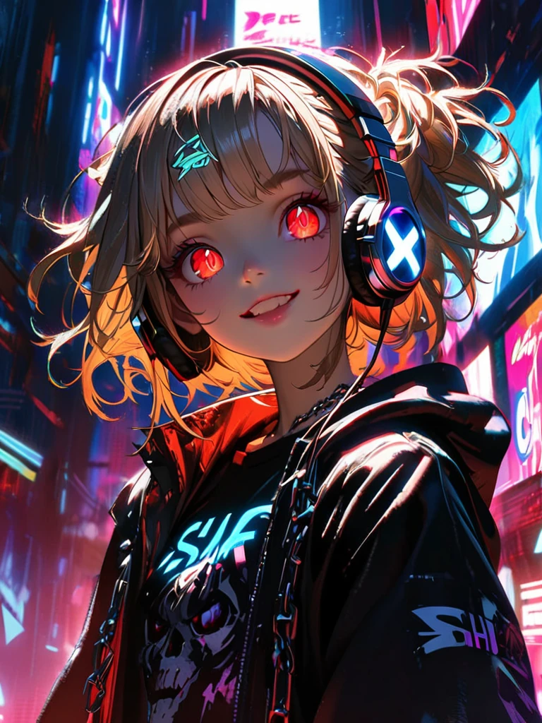 1 girl, chromatic aberration, Written boundary depth, Soft Light, masterpiece, Highest quality, complicated, Tone Mapping, Very detailed, Art Station, Concept Art, Smooth, Clear focus, Dramatic lighting, Very detailed artwork, movie, super practical painting, Art Station's trending, 8k, Incredible Shadows, practical, (Very detailed background:1.0), whole body, View, Viewers, Very detailed portrait of one girl 1, standing on street corner, Heavy rain and lightning、Dark Sky, neon and cyber punk background, she is dressed in punk clothing with silver chains and silver spikes, Her hair was dyed light brown....,The middle part is black, She is wearing headphones, Detailed red eyes with clear pupils, Ominous aura of light, smile, punk, ciber punk, Backlight.、,.
