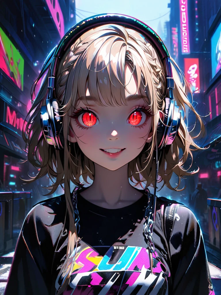 1 girl, chromatic aberration, Written boundary depth, Soft Light, masterpiece, Highest quality, complicated, Tone Mapping, Very detailed, Art Station, Concept Art, Smooth, Clear focus, Dramatic lighting, Very detailed artwork, movie, super practical painting, Art Station's trending, 8k, Incredible Shadows, practical, (Very detailed background:1.0), whole body, View, Viewers, Very detailed portrait of one girl 1, standing on street corner, Heavy rain and lightning、Dark Sky, neon and cyber punk background, she is dressed in punk clothing with silver chains and silver spikes, Her hair was dyed light brown....,The middle part is black, She is wearing headphones, Detailed red eyes with clear pupils, Ominous aura of light, smile, punk, ciber punk, Backlight.、,.