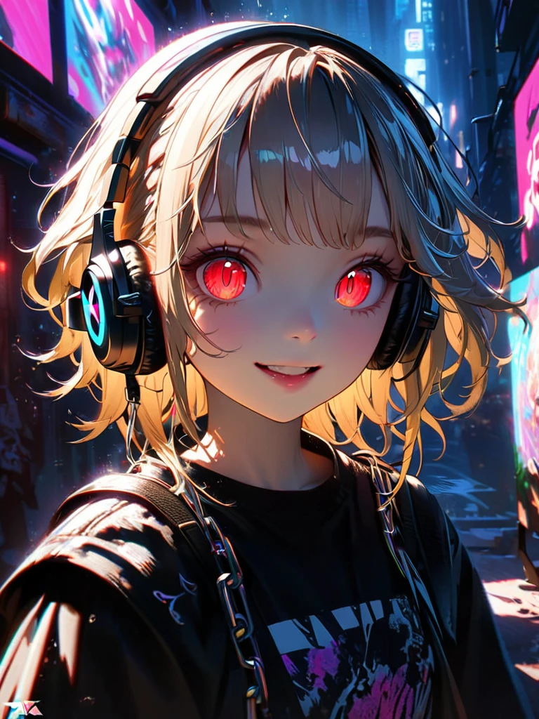 1 girl, chromatic aberration, Written boundary depth, Soft Light, masterpiece, Highest quality, complicated, Tone Mapping, Very detailed, Art Station, Concept Art, Smooth, Clear focus, Dramatic lighting, Very detailed artwork, movie, super practical painting, Art Station's trending, 8k, Incredible Shadows, practical, (Very detailed background:1.0), whole body, View, Viewers, Very detailed portrait of one girl 1, standing on street corner, Heavy rain and lightning、Dark Sky, neon and cyber punk background, she is dressed in punk clothing with silver chains and silver spikes, Her hair was dyed light brown....,The middle part is black, She is wearing headphones, Detailed red eyes with clear pupils, Ominous aura of light, smile, punk, ciber punk, Backlight.、,.
