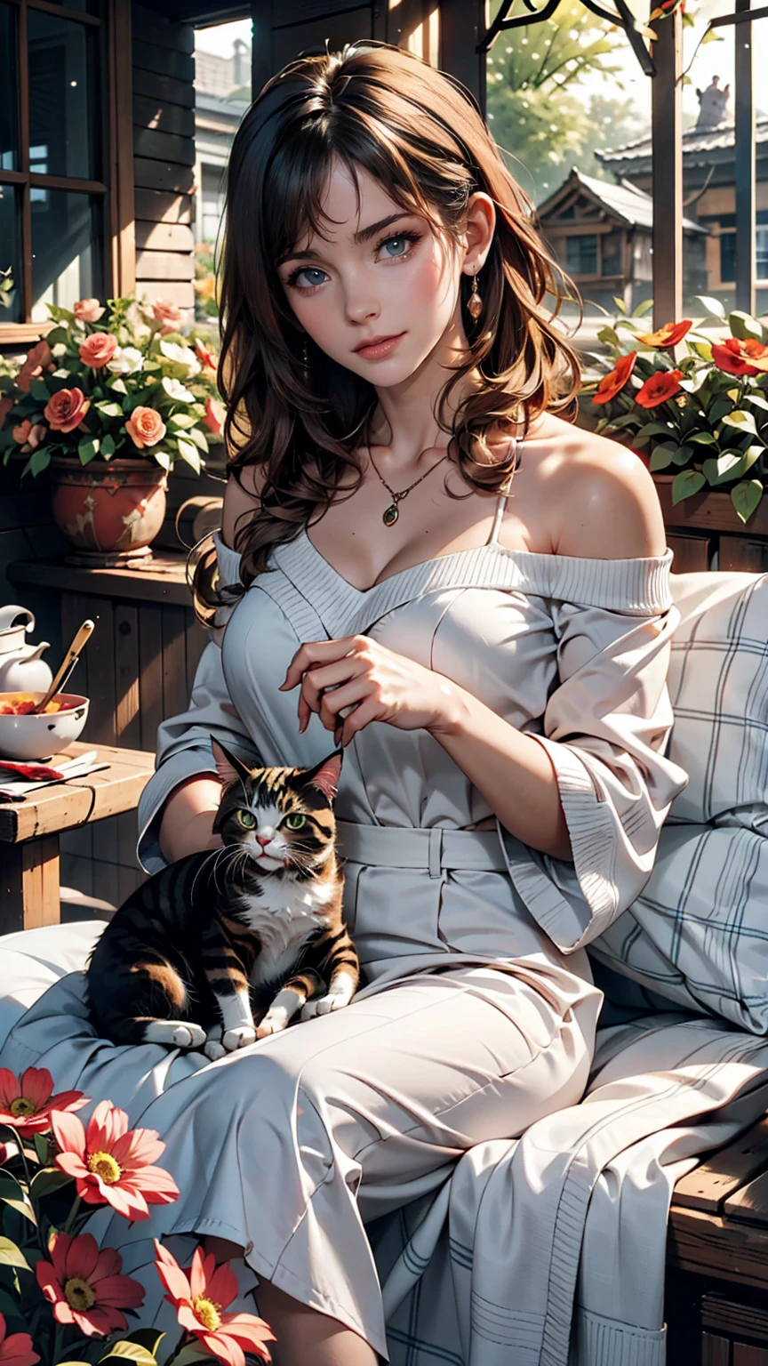 On the veranda of an old country house、A woman and her cat spending an afternoon knitting。The cat is sunbathing、Curled up comfortably。There is a flower-filled garden all around.