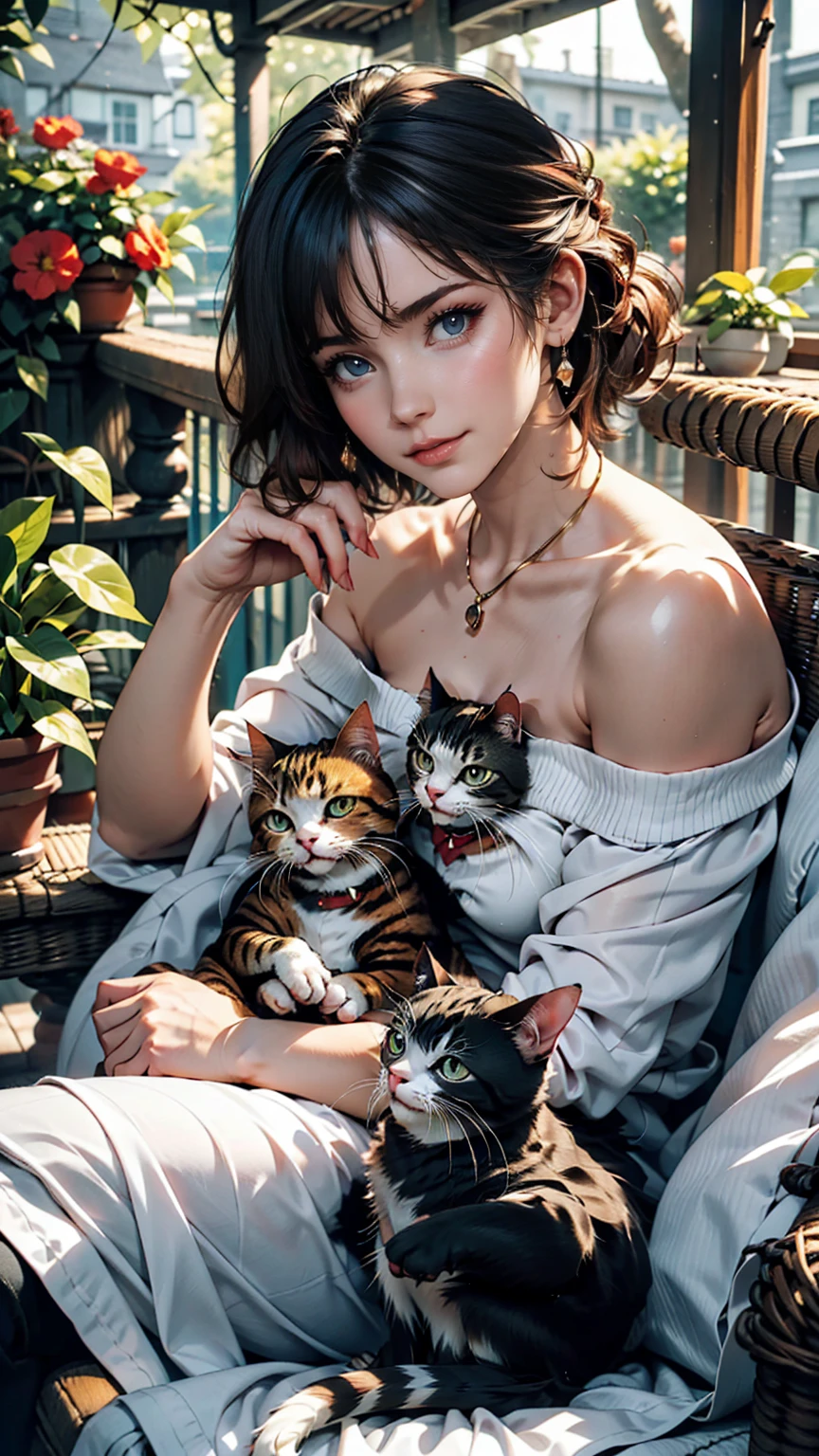 On the veranda of an old country house、A woman and her cat spending an afternoon knitting。The cat is sunbathing、Curled up comfortably。There is a flower-filled garden all around.