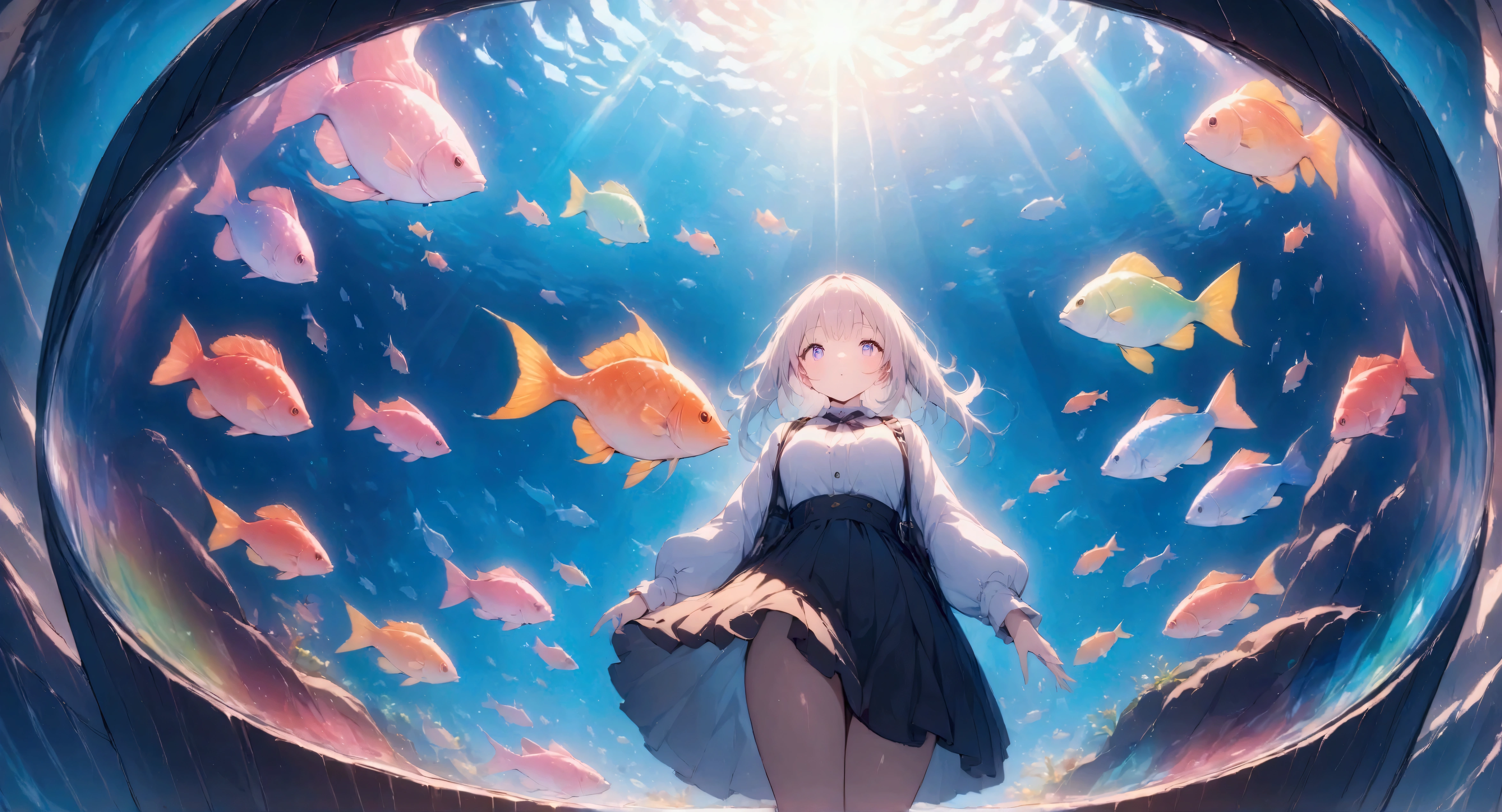 beautiful anime-style girl looking at colorful fish in an aquarium, aquarium with sunlight streaming through the glass, highly detailed, masterpiece, wide angle lens, surreal colors, rainbow