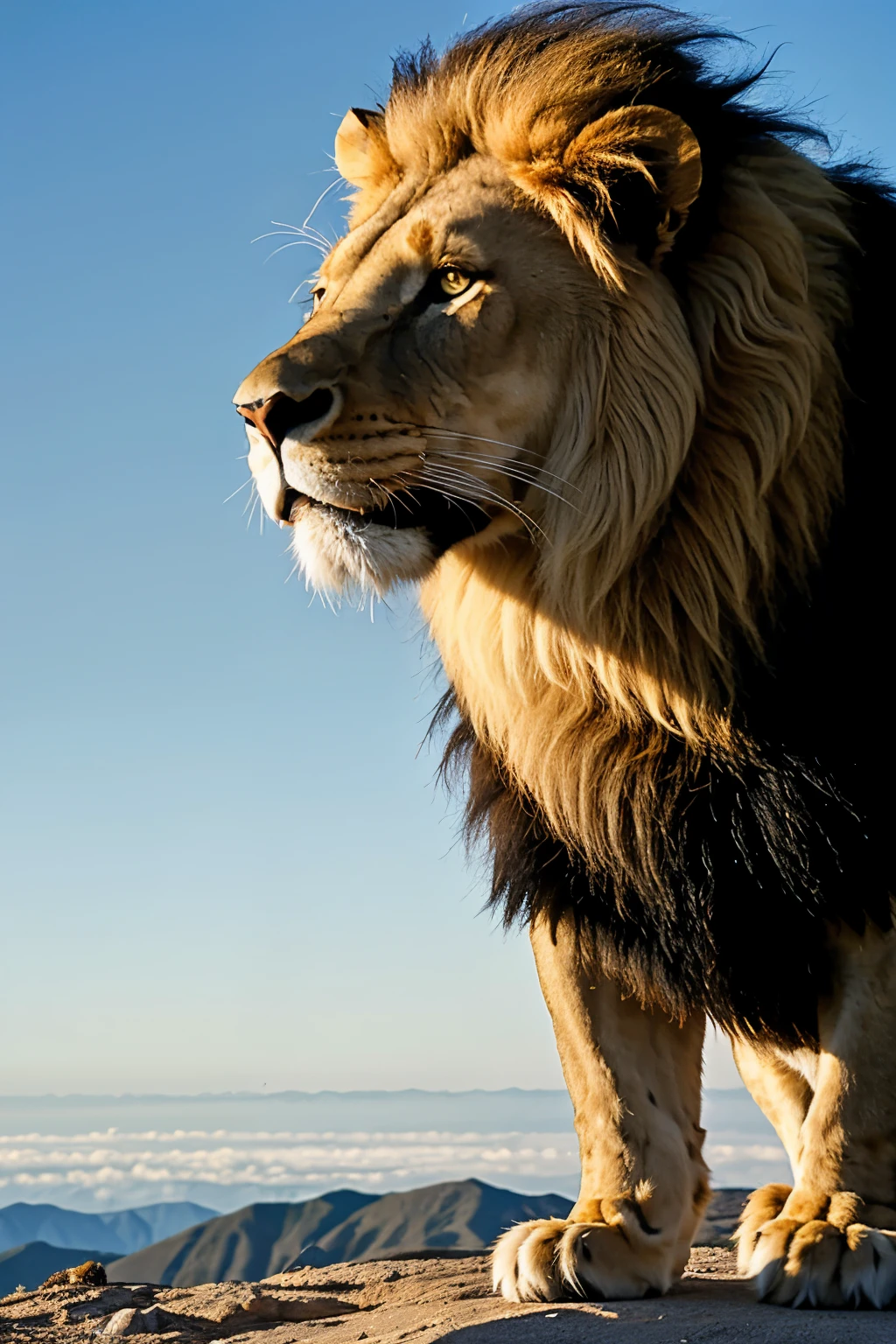 A lion roaring at its enemies and pray on a montian top