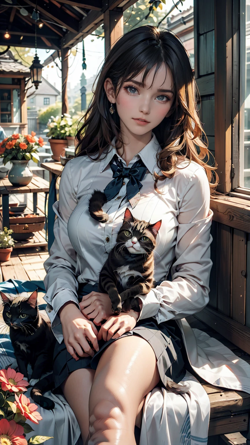 On the veranda of an old country house、A woman and her cat spending an afternoon knitting。The cat is sunbathing、Curled up comfortably。There is a flower-filled garden all around.