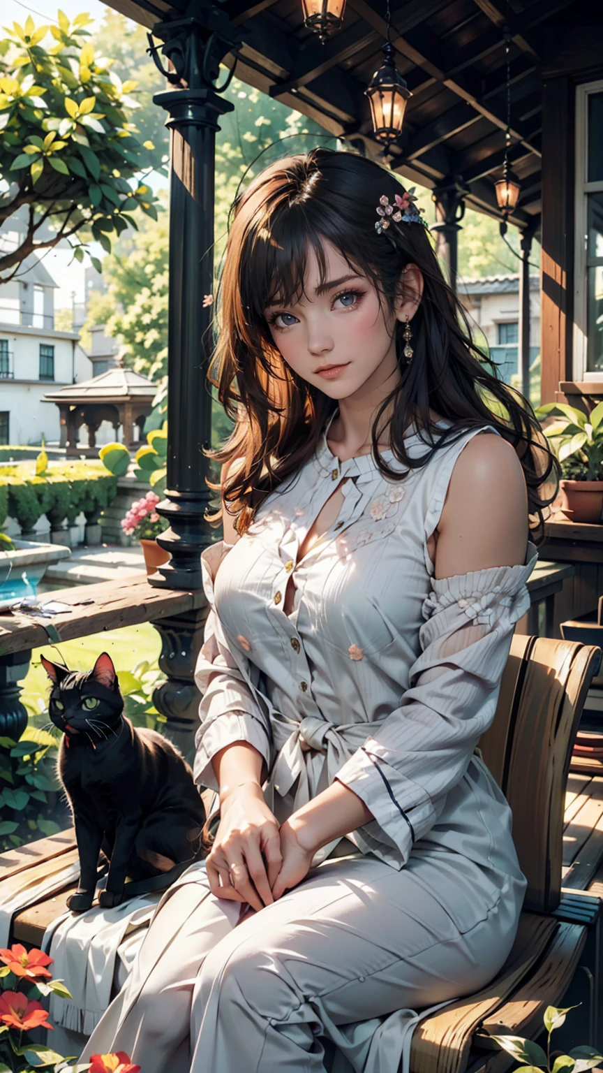 A woman and her cat enjoy gardening in a garden full of colorful flowers。She tended the flower beds、The cat is playing near her and chasing butterflies