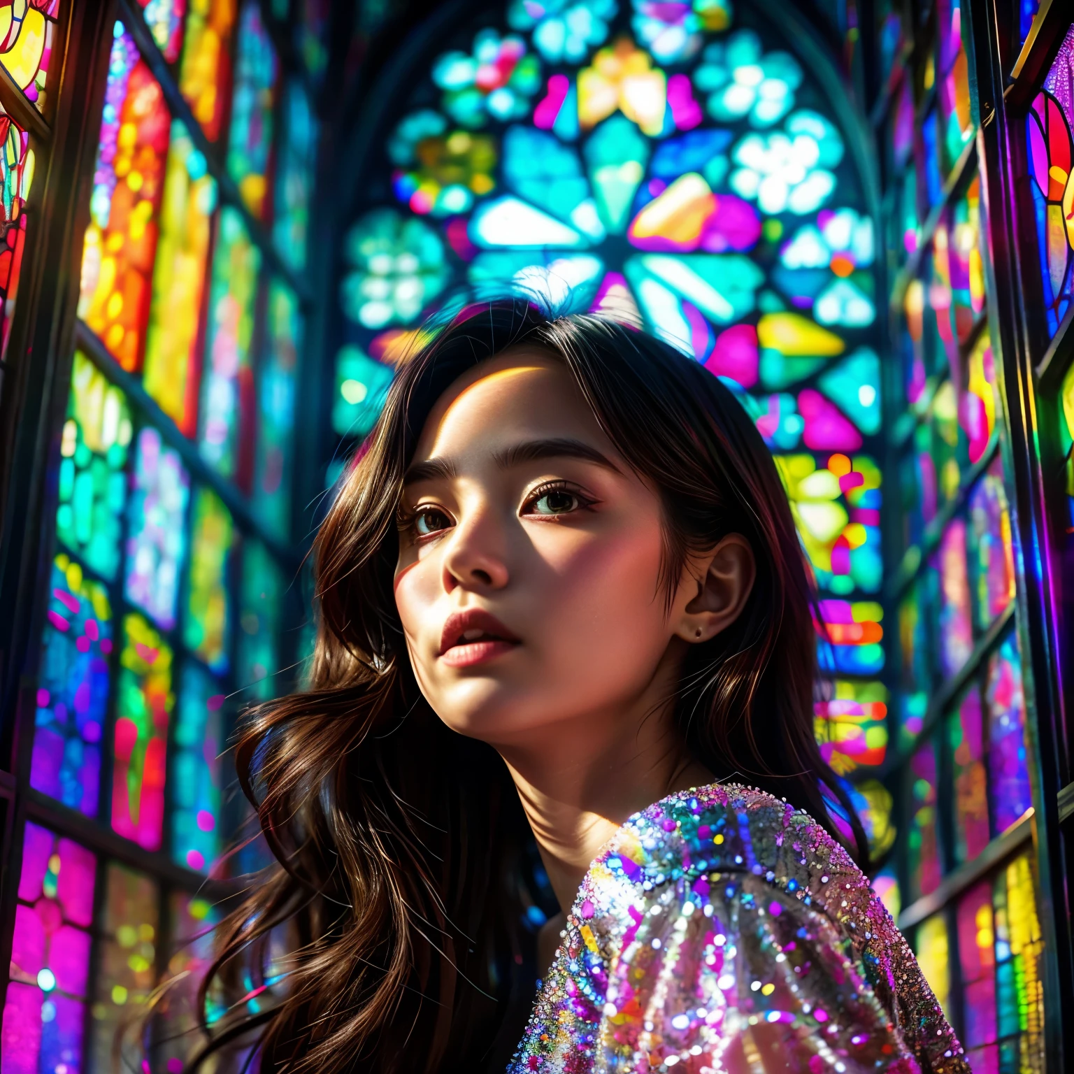 (Cathedral from below:1.28) (ZoomLayer) TopQuality 8K masterpiece of ((Professional photo)), (((Clarisse de Cagliostro))) (Detailed White WeddingDresses), Chain, (((Extremely detailed KAWAII face))) {((VeiledFace))|BlondeHair|(Elaborate BuleEyes)with(SparklingHighlights:1.28)}, The background is distant (((Elaborate stained glass))) Rainbow Glass, {(MysticSight)|EnchantingAtmosphere|Haze|(GodRays)|TyndallEffect}, Radiant PearlSkin with Transparency, (Exposed:0.39)