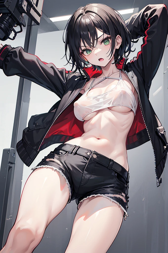 1girl, short black hair, tousled hair, messy hair, green eyes, red jacket, red and black jacket, white top, white tank top, white transparent top, sheer fabric, thin fabric, sheer top, transparent top, white transparent top, loose white top, downblouse, down blouse, no bra, pink nipples, hard nipples, erect nipples, poking nipples, belly, midriff, tomboy, boyish, masculine, androgynous, badass, sideboobs, sidebreast, sideboob, underboobs, armpit, armpits, ribcage, city, city background, black denim shorts, ripped jeans, unbuttoned shorts, unzipped pants, low-rise, leather belt, looking at viewer, full body, raised arms, raised arm, tying hair, open mouth, short shorts, mound of venus, pubic mound, vagina, cameltoe, hot pants, cyberpunk, cyberpunk city