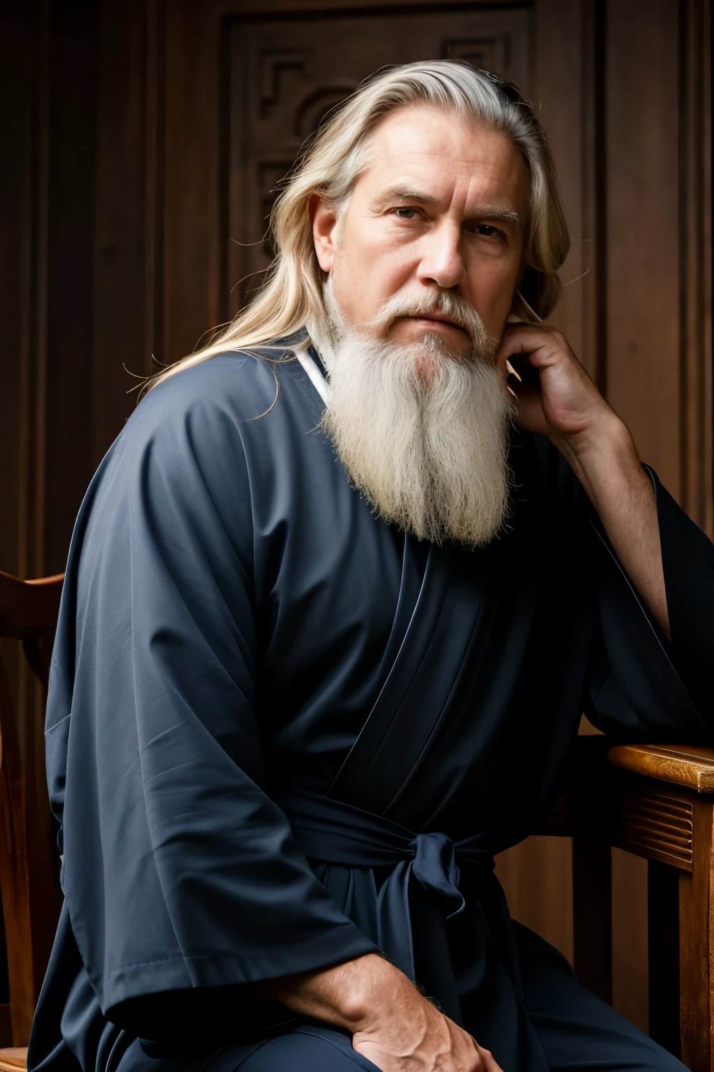 full photo fram
Portrait-style image featuring an elderly man with a long white beard,
flowing white hair and a full, 

Sitting on Sitting on wooden chair looking to the left

The man's expression is contemplative , His facial features are jovially and defined, with deep-set eyes and a serious expression. wisement man

The skin tone is light, and the lighting creates a dramatic effect, highlighting the contours of his face. 
He is dressed in dark, intricately designed robes with a textured pattern Ornate , 

adding to the mystical and ancient appearance,The background is a gradient of ornate blue, Complete clothes