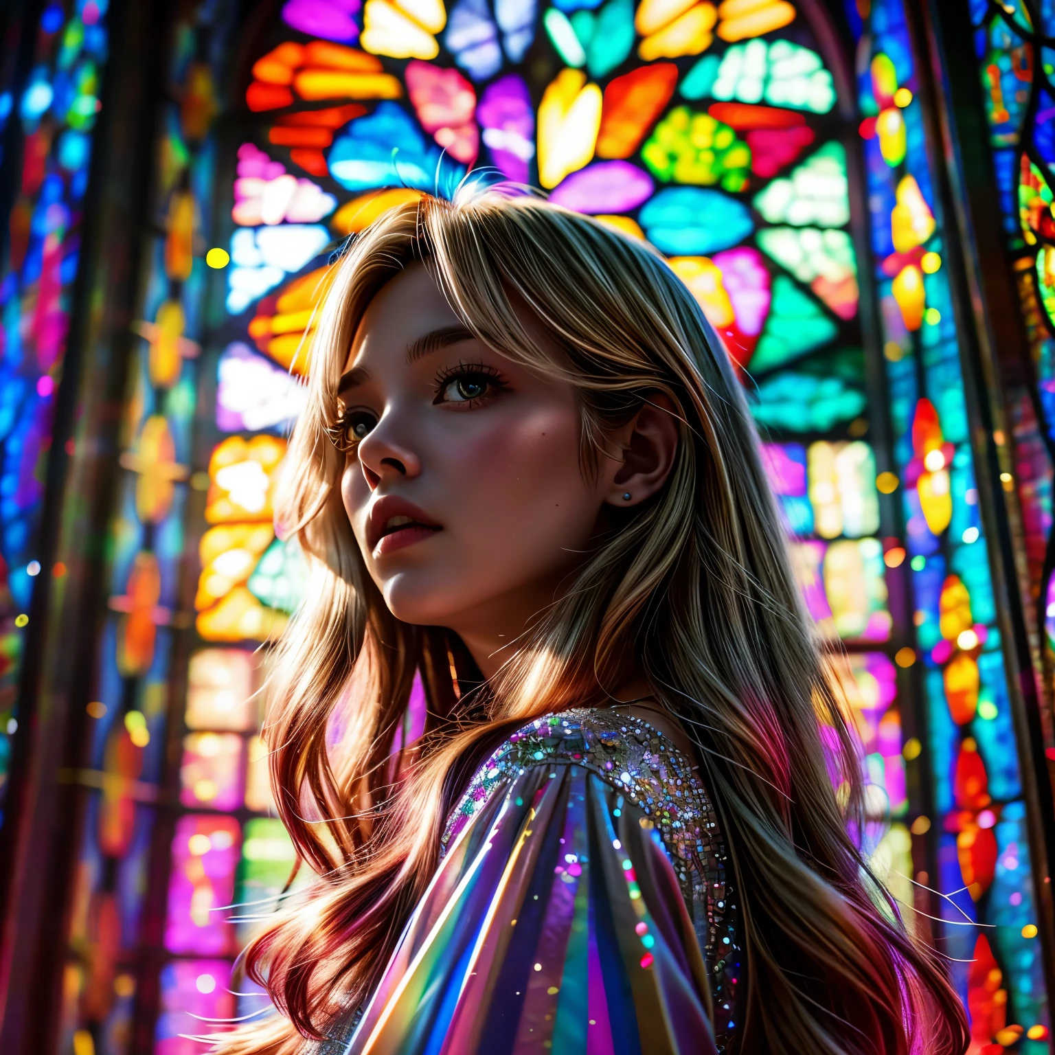 RubyRed (Cathedral from below:1.28) PerfectLighting (BokeH ZoomLayer) TopQuality 8K masterpiece of ((Professional photo)), (((Clarisse de Cagliostro))) (Detailed White WeddingDresses), Chain, (CloseUp of (Extremely detailed (KAWAII face))) {((VeiledFace))|BlondeHair|(Elaborate BuleEyes)with(SparklingHighlights:1.28)}, The background is (distant ((Elaborate stained glass))) Rainbow Glass, {(MysticSight)|EnchantingAtmosphere|Haze|(GodRays)|TyndallEffect}, Radiant PearlSkin with Transparency, (Exposed:0.39)