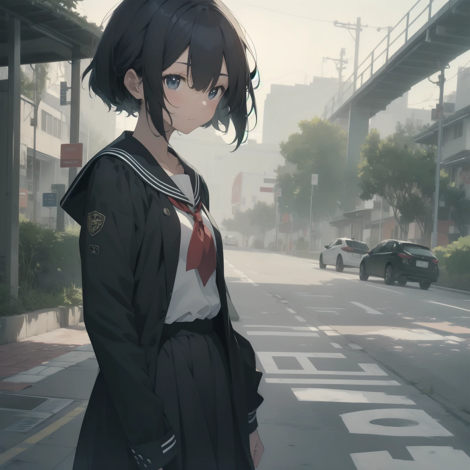 ultra-absurdres-Top quality by artist God, ultra-detailed, high resolution, anime moe artstyle, best anime 8k konachan wallpaper, pixiv contest winner, pool:2810, perfect ???????,break, 1girl, (Please draw a girl walking sleepily to school alone. )break,(Solo,little female, 13-year-old:1.3),Full limbs, complete fingers,a junior high school student, (very short hair), short cut, flat chest, , small butt, small black eyes, beautiful detailed eyes, well-proportioned iris and pupils, expressive eyes, highres detailed hair, soft expression, salor school_uniform, sailor collar, serahuku, bow, pleated skirt,(Detailed Lighting), (Detailed background), in the School commute route. break,super detailed skin, Best cinematic lighting powered by famous artist, 8k,beauty illustration,photoshop_(medium),very aesthetic,break,((artist:zen_(kamuro) )), artist:clamp ,artist:carnelian ,artist:kantoku ,
