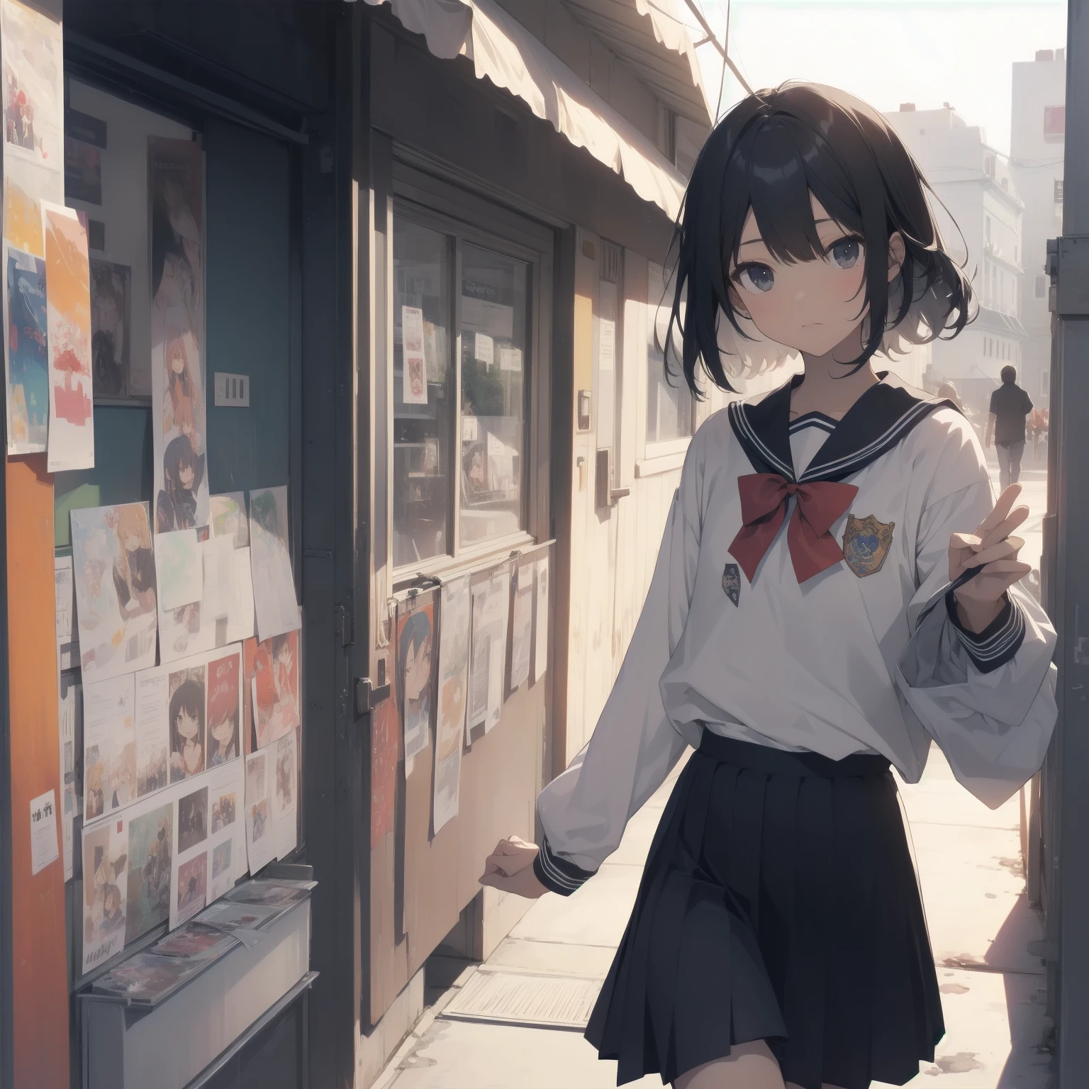 A swedish, American,  german, young woman, 20yo, downtown, in large metropolis, collared shirt, sweater, pleated skirt, chuck taylor shoes, smirk  ((heavy gaussian blur)), ((soft lighting)), (((extremely hazy:1.2))),, (extremely bright), (dreamy atmosphere), bright vivid colors, 