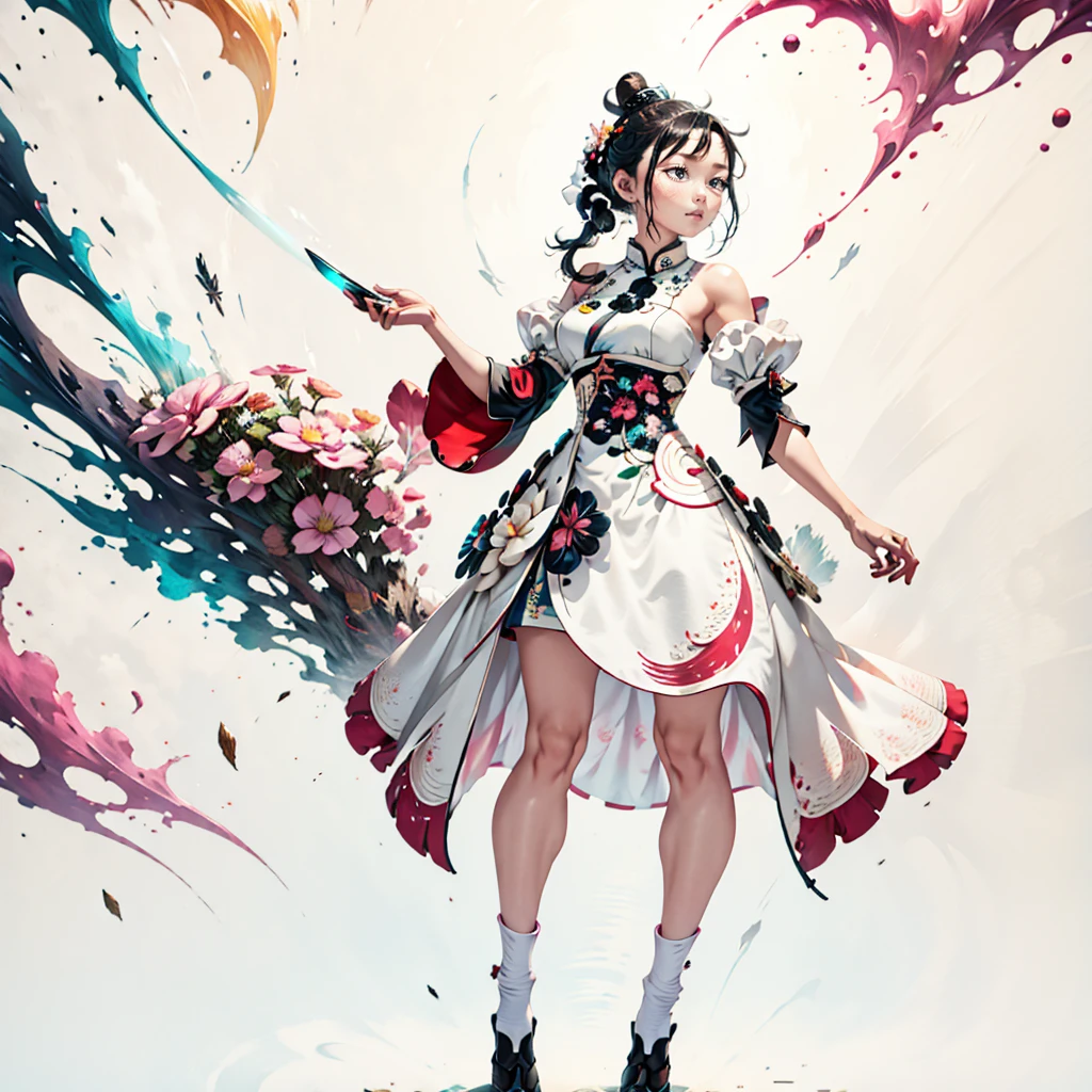 Girl, white qipao, black hair, bun, full body