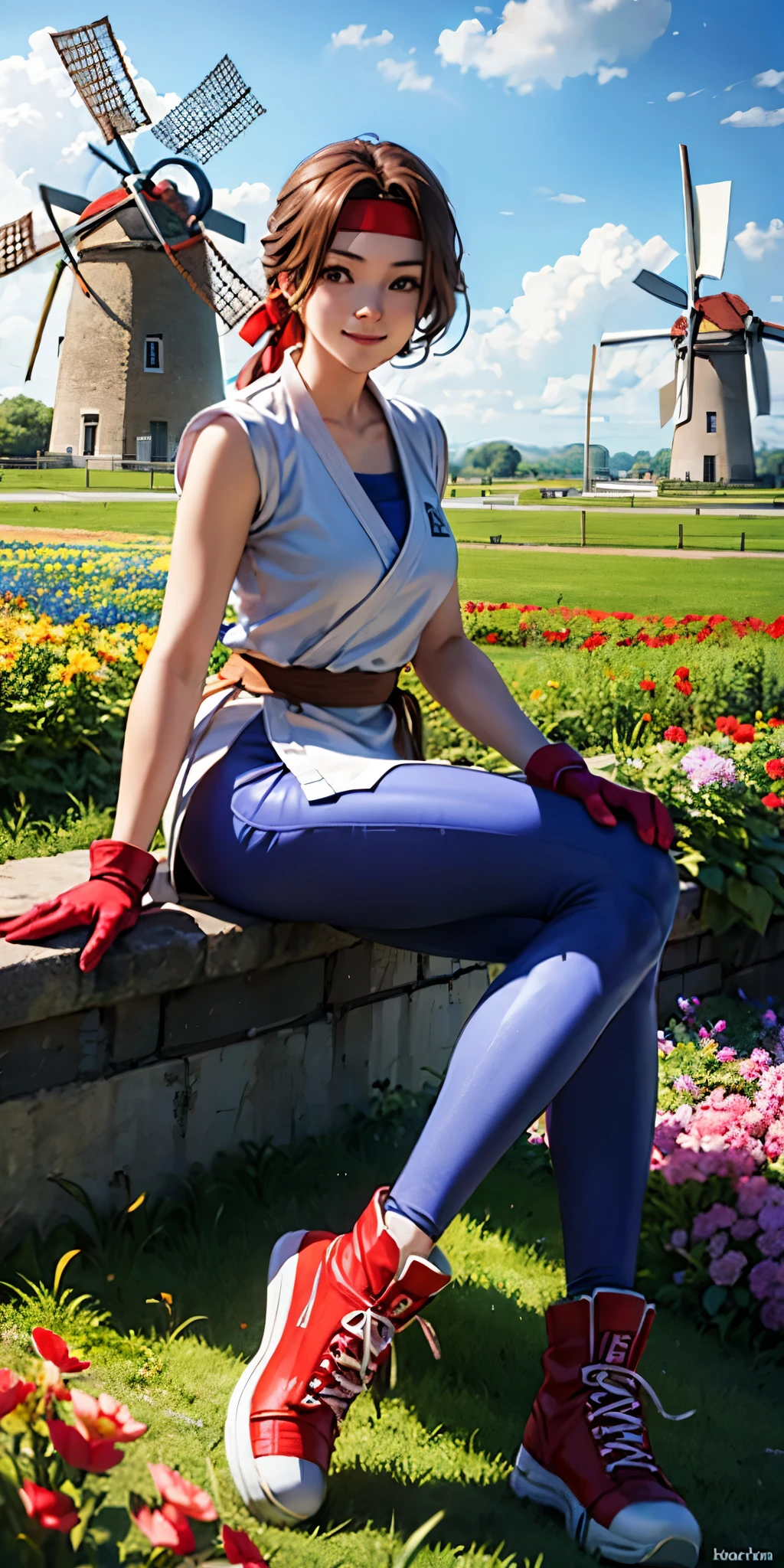 yurims, girl, red headband, white dougi, spandex, red gloves, red shoes, looking at viewer, serious, smiling,
sitting, outside, field of flowers, windmill, extreme detail, hdr, beautiful quality,
