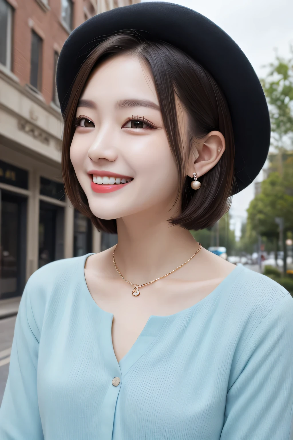 Highest quality, ,smile、Beautiful teeth alignment、Black Hair、hat、Short Haircut、Dark eyeliner、、Long sleeve blouse、ear piercing、necklace,、The background is the building&#39;s corridor.