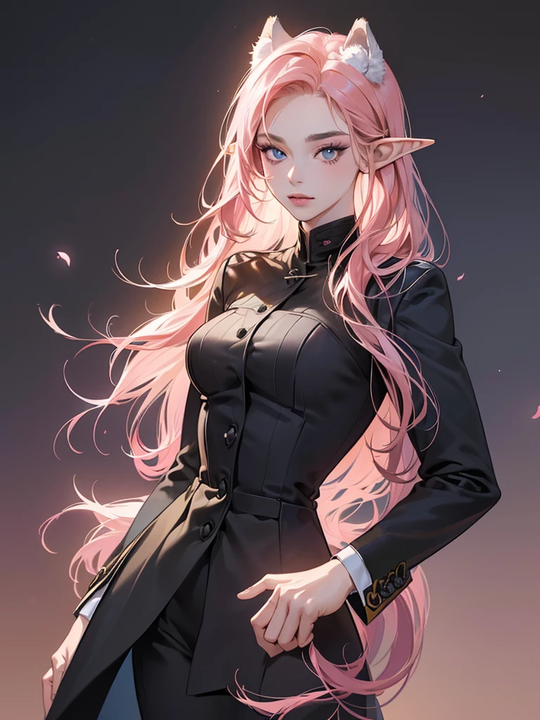 (masutepiece, Digital Art, Digital Illustration, 4K, 8K, Ultra-detailed, beautiful image, Sharp Image, Photorealistic, Raw photo, Perfect face, Perfect lines, Perfect eyes, Soft lighting) 1 woman, (Long pink Hair,straight haired,Bullish gaze,Beautie,elf women ,Woman in suit,Solid makeup,23 y-o woman,small tits:1.3),Secretary, handsome men in suits, (ember,black wolf hair,blue eyes,wolf tail and ears,Men in suits,well-muscled,Firm shoulder width,Adult male,Boyish hairstyle,English gentlemanly style,Man in his 30s with a cool expression,28-year-old he is wolf men ,long short black hair