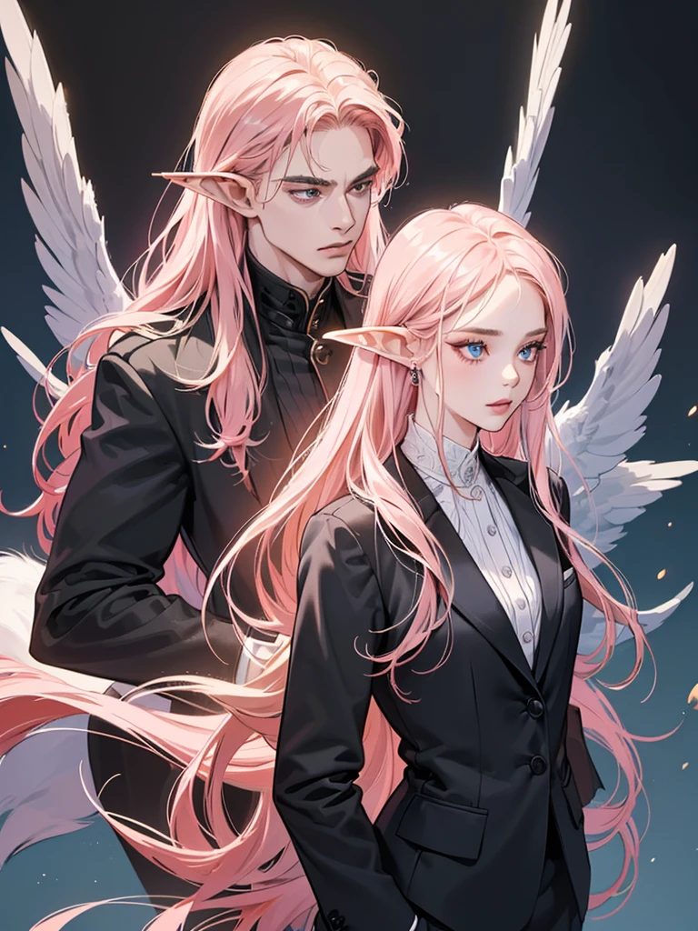 (masutepiece, Digital Art, Digital Illustration, 4K, 8K, Ultra-detailed, beautiful image, Sharp Image, Photorealistic, Raw photo, Perfect face, Perfect lines, Perfect eyes, Soft lighting) 1 woman, (Long pink Hair,straight haired,Bullish gaze,Beautie,elf women ,Woman in suit,Solid makeup,23 y-o woman,small tits:1.3),Secretary, handsome men in suits, (ember,black wolf hair,blue eyes,wolf tail and ears,Men in suits,well-muscled,Firm shoulder width,Adult male,Boyish hairstyle,English gentlemanly style,Man in his 30s with a cool expression,28-year-old he is wolf men ,long short black hair