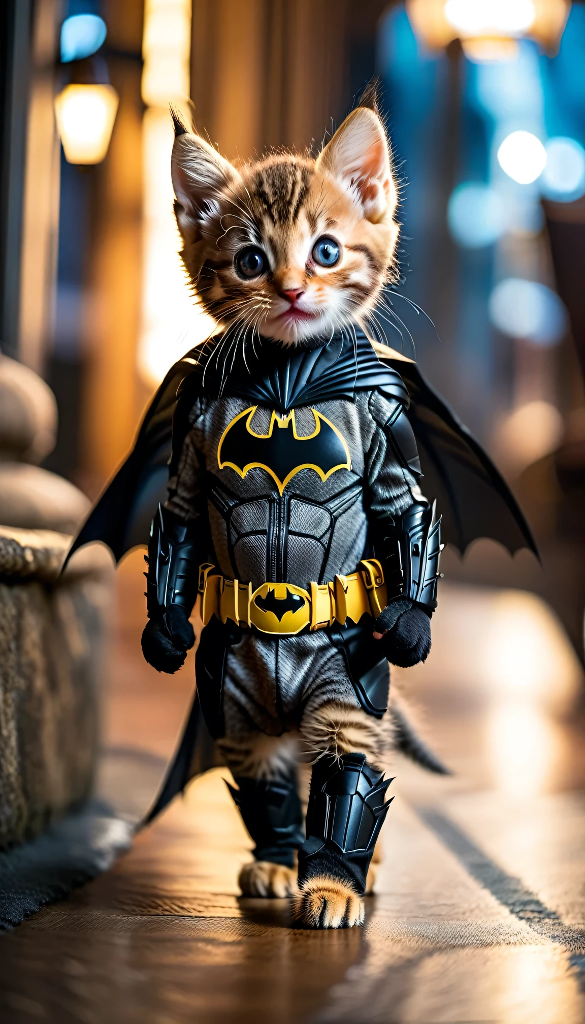 (8k)), highest quality, 超High resolution, (High resolution), Short legged kitten, ((Batman Costume)), Spectacular sight,((Chuckle-Smile))