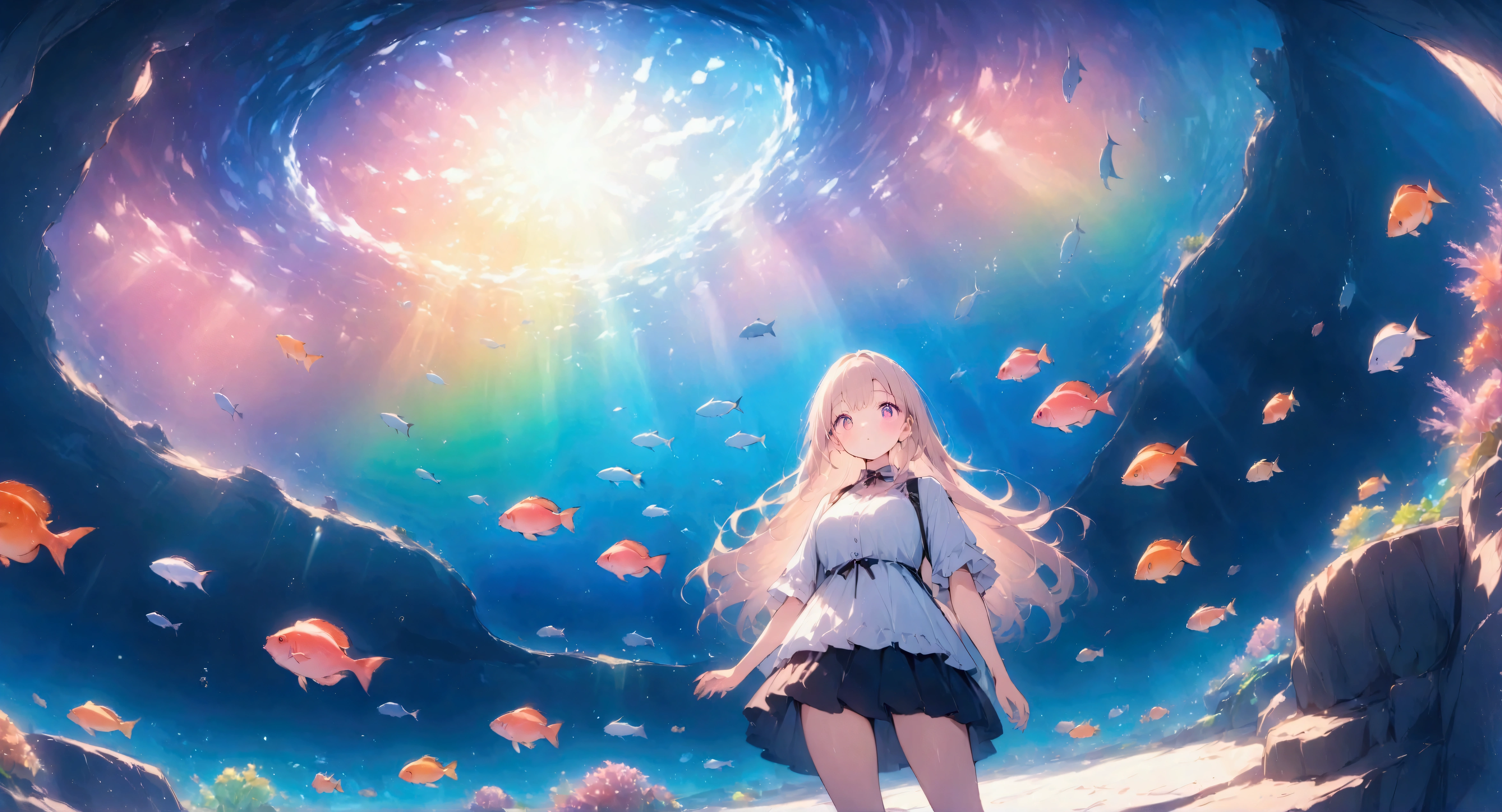 Anime Style、high resolution,((masterpiece:1.2)),aquarium、Aquarium with light streaming in、Beautiful fish、Girl looking at、cute,Wide-angle lens,Unrealistic colors、Rainbow colors