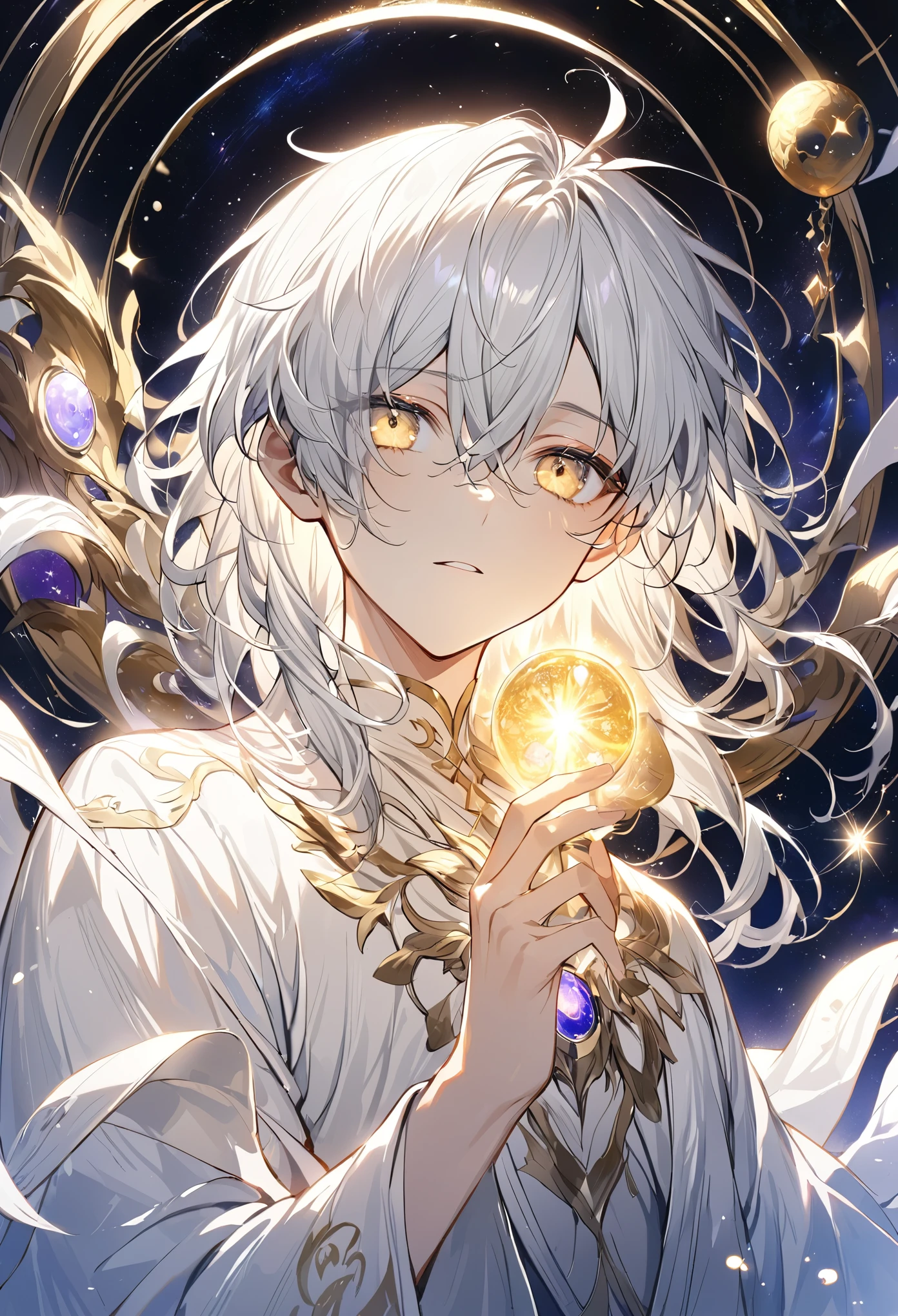 Silver lush hair,pale yellow eyes,Boys,(White simple robe)God of the universe,Space Element,Eye Gaze,Pay attention to the details,Highest quality,good looking,Empty Nature,heaven,Fortune telling,Simple clothing
