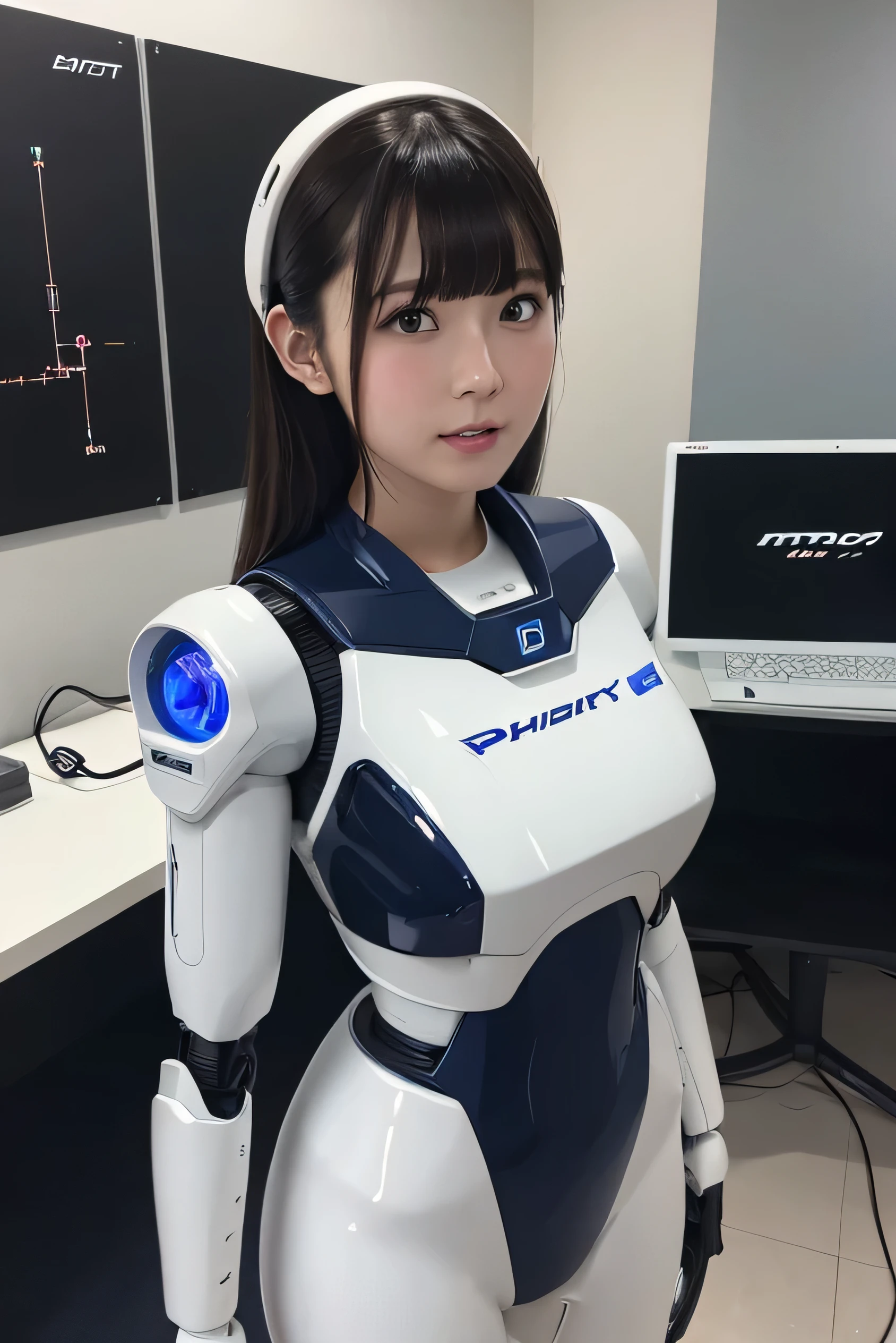 (Photorealistic:1.4), (Raw photo)masutepiece, Best Quality, Extremely detailed, (Photorealistic:1.4), (8K, 4K, Best Quality, hight resolution, 超A high resolution:1.1), 8K Portrait,1girl in, Japanese android girl,Plump , announcer,control panels,android,Droid,Mechanical Hand, ,Robot arms and legs, Black hair,Mechanical body,Blunt bangs,White Robotics Parts,perfect robot woman,Charging spot,Long Tube,A thick cable was connected to his neck.,ceramic body ,Mechanical body, mechanical ear covers,android,robot humanoid,a bit Chubby,pantiy,complete eyes,Perfect machine body,White robot body,The laboratory of the future,android factory,mechanical ear covers,White and light blue uniform,light blue accent costume,