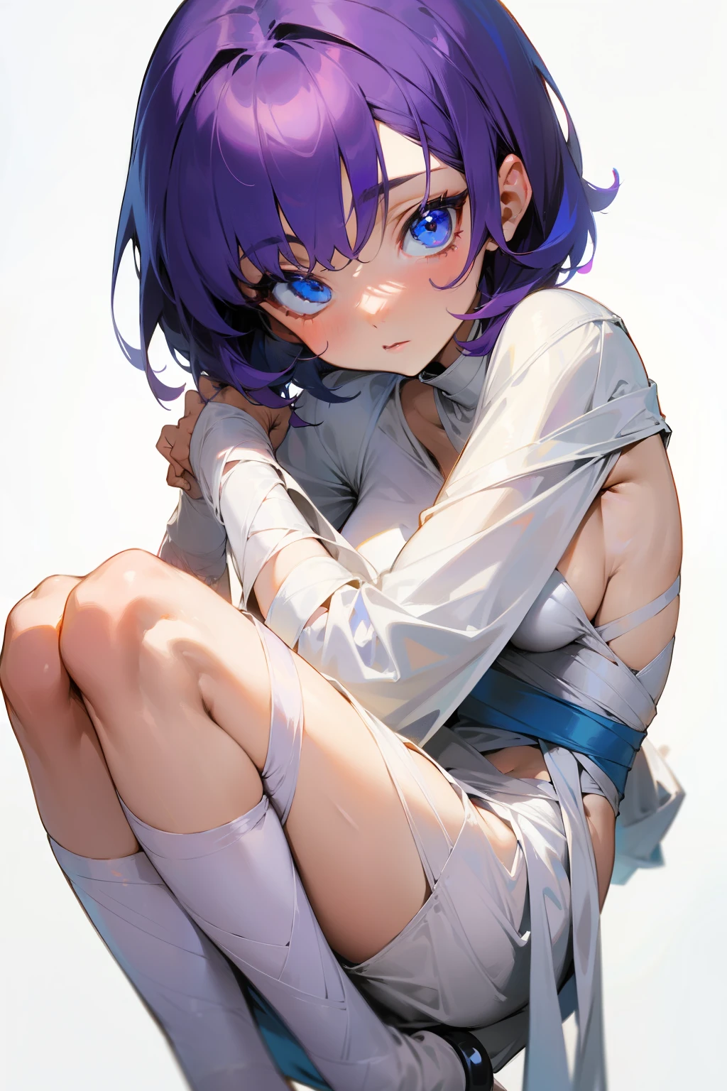 ((Girl with protruding ribs:1.4))、Raising his arms、Sexy pose、bra、(flat chest:1.3),(skinny body:1.3)、Blushing、To blush、Thick eyes、((痩せている:1.3))