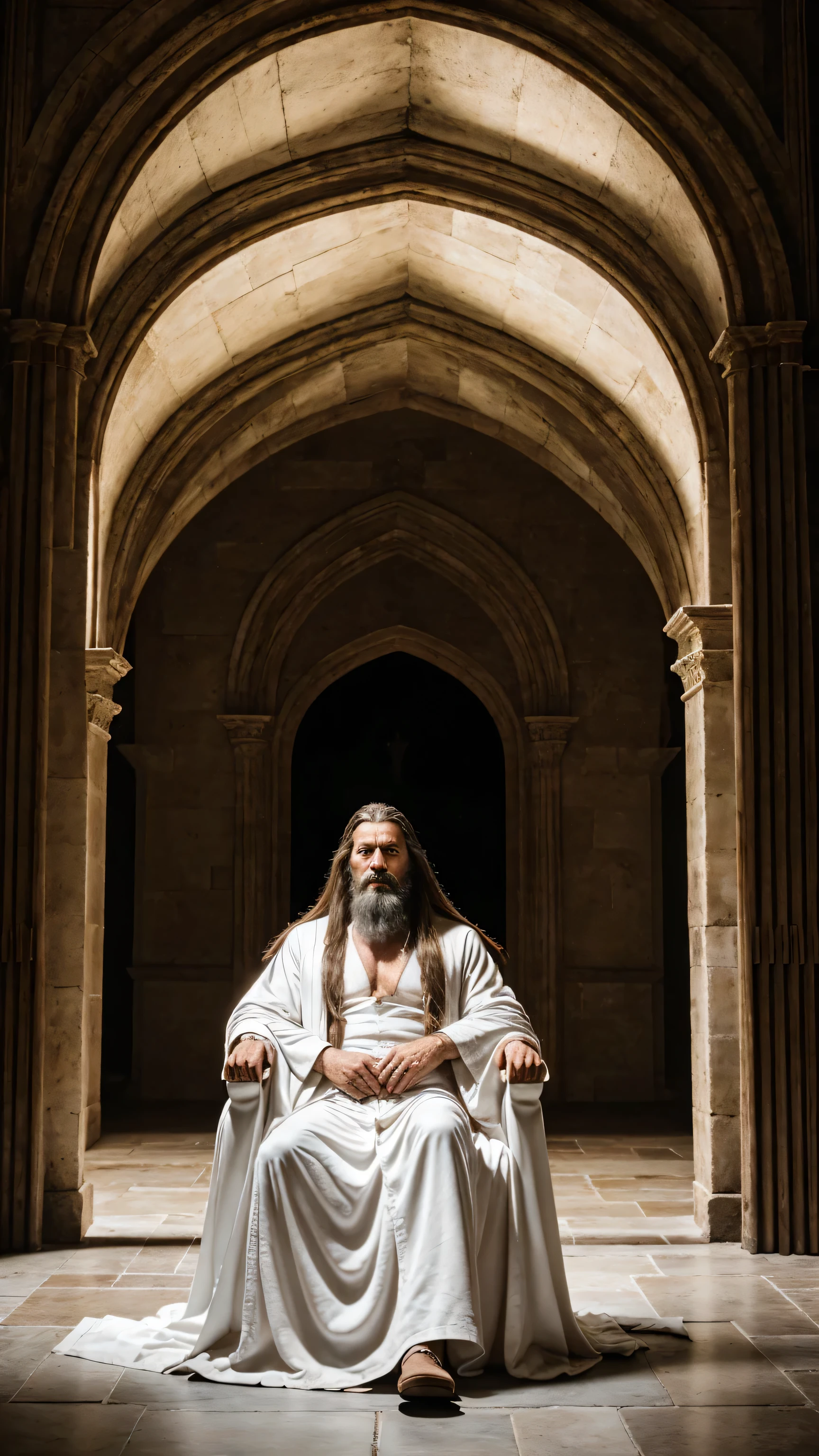 A handsome old man with a long hair medieval beard in a white robe sits on a large royal throne inside a dark castle. High arched open doorway and dramatic dark cloudy sky in the background. Hyper-realistic photography, gentle soft backlighting, real picture, cinematic style, realistic environment, low contrast, 32k, highly detailed, full scene, dark background, foreground scene 