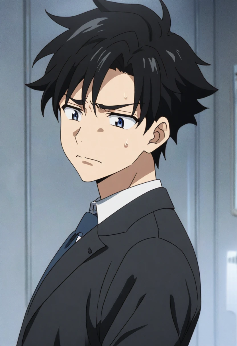 a young man with black hair wearing a suit. anime style. he has a sad face.