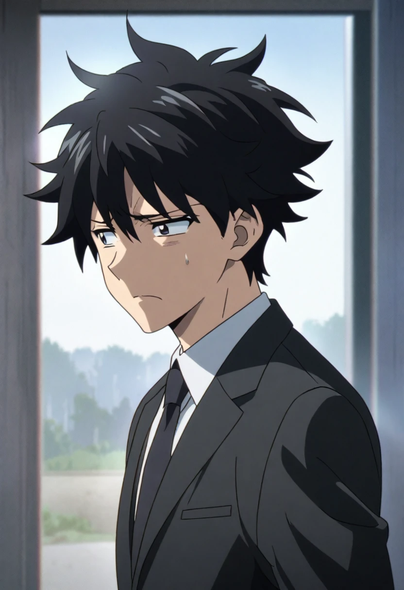 a young man with black hair wearing a suit. anime style. he has a sad face.