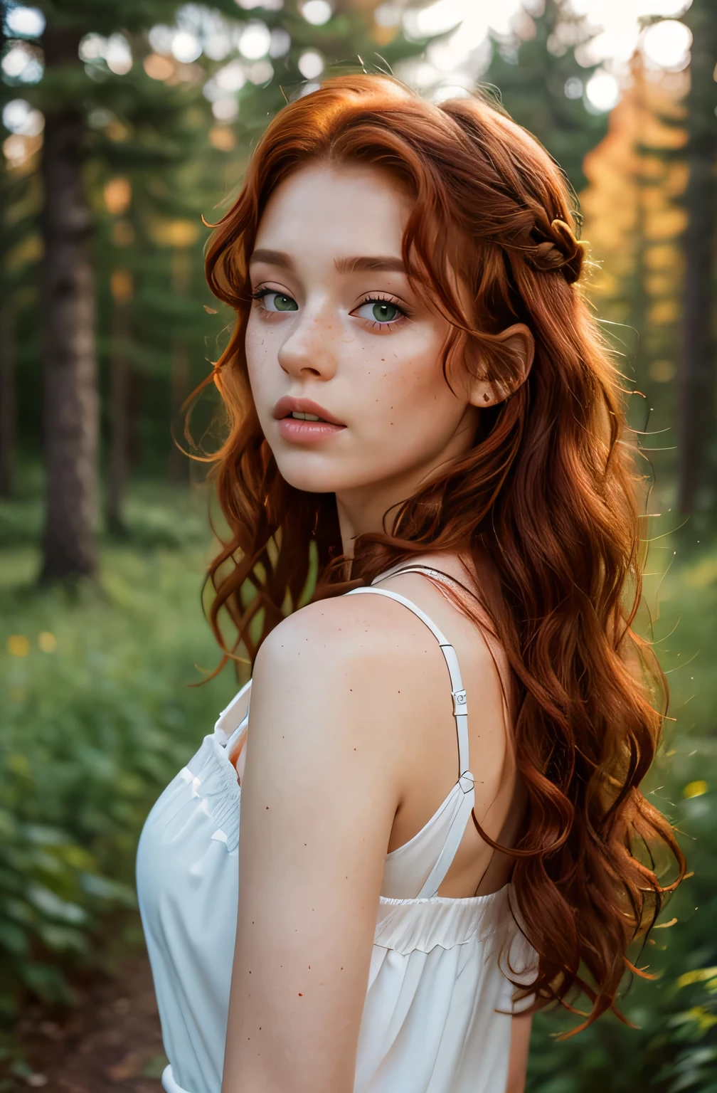 Outdoor, European forest background,one woman, natural irish red hair, curly hair, cute 18 years old, natural makeup, freckles, green eyes, european girl,natural light