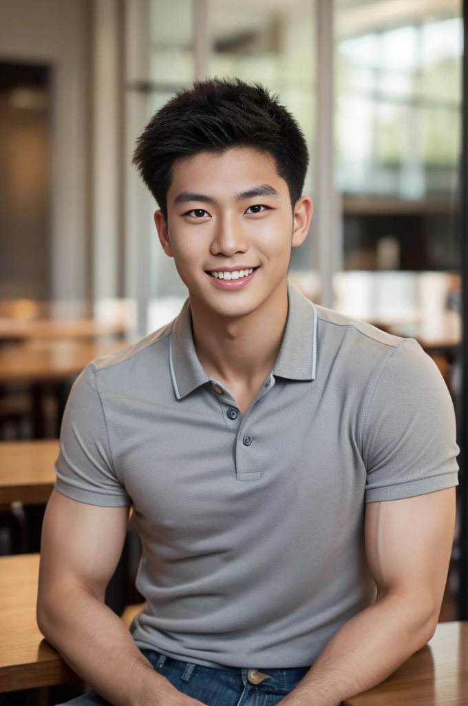 ((realistic daylight)) , Young Korean man in only a gray polo shirt, no stripes, and jeans., A handsome, muscular young Asian man looks at the camera. , in the restaurant ,turn sideways, smile