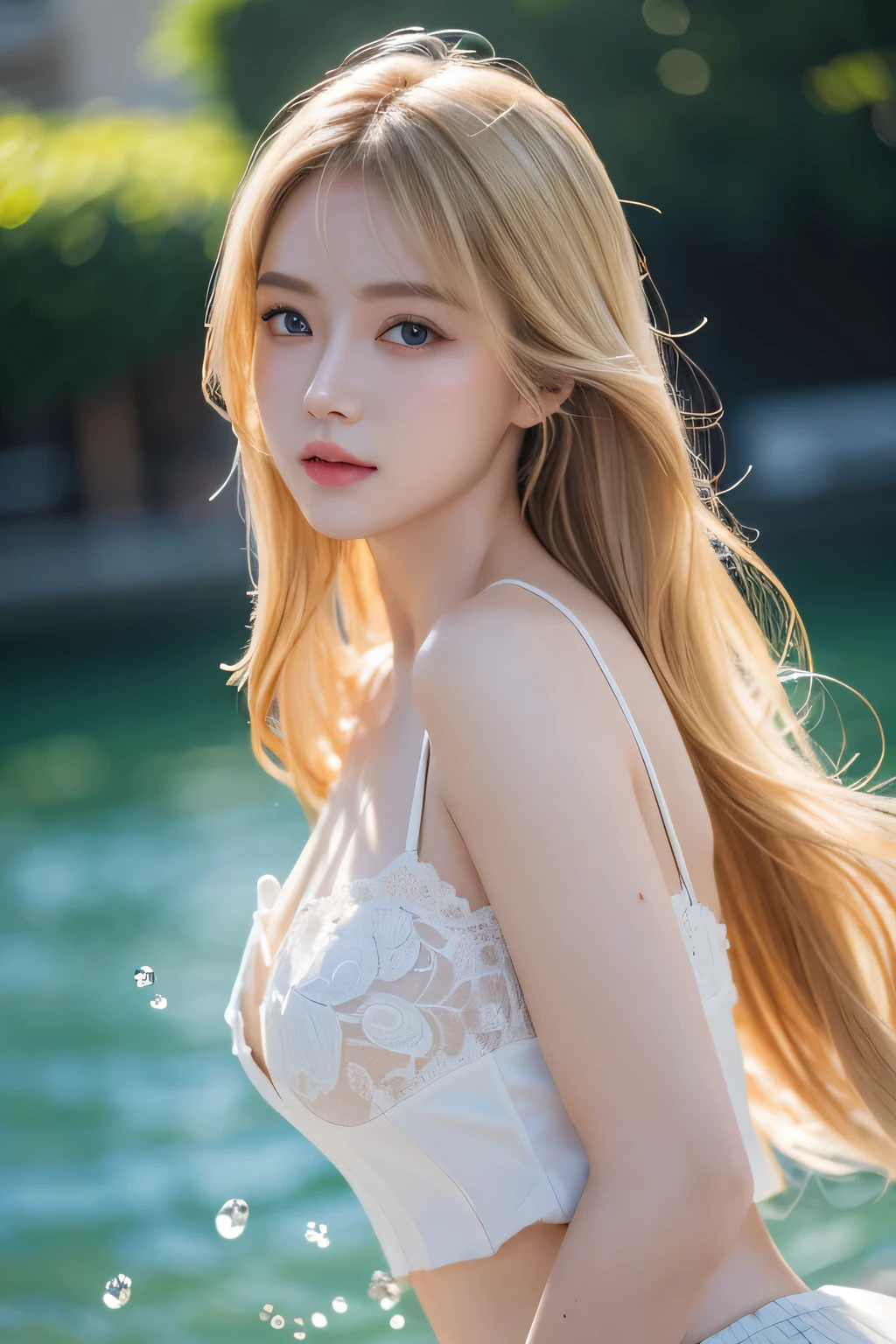 ((Beautiful woman lying in many's pond))、((Translucent white lace long dress))、1 girl, striped hair, blonde hair, one side up, shiny hair, wet hair, long hair, many, Depth of the bounds written, spark of light, letterbox, one person&#39;s perspective, Lens flare, f/1.8, 135mm, canon, wide angle, nffsw, retina, table top, anatomically correct, rough skin, Super detailed, advanced details, high quality, 最high quality, High resolution, 1080p, hard disk、（open your legs）、enchanting smile, shine, surrealism, modern.((No bra))、((No panties))、（open your legs）（well-shaped chest,)、((sexy pose)))、(camel toe), tongue、膣兰、watery vaginal discharge、the tide blows、very beautiful breasts、grab your chest with both hands、 spread your legs、sexual excitement、sexual expression、shiny skin。realistic、Photoreal:1.37)、(K-POPアイドル)、medium hair、(pink blush)、(illuminate)、[[spread legs、spread your legs apart]]、(alone)、dynamic pose、((nipple))、(puffy eyes:1.２)、 (slim legs)、erotic、nffsw、very detailed ambient occlusion、超A high resolution, Super realistic, very detailed, (yawning), ((she is soaking wet)).