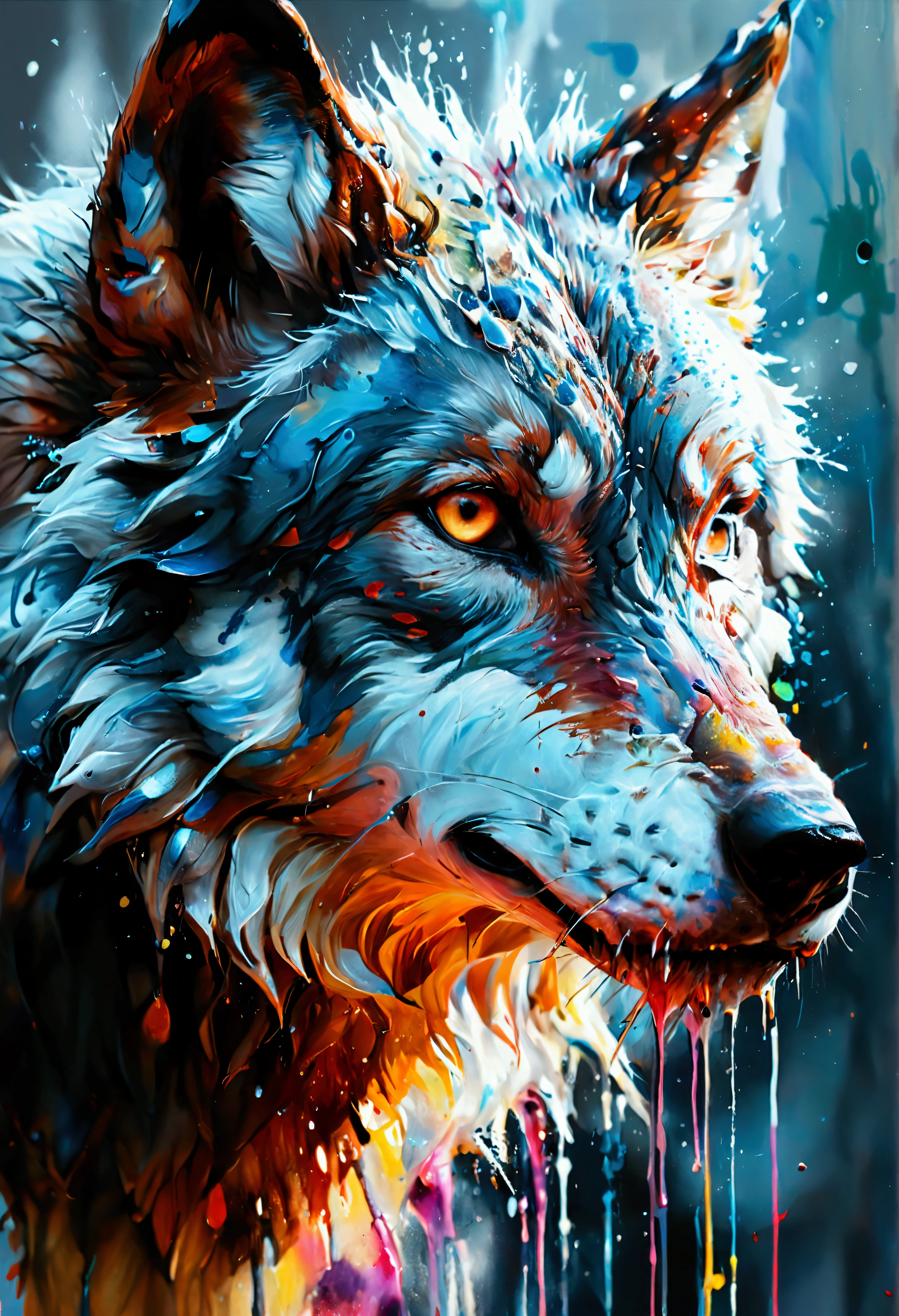 Splash art, a wolf head, ((white background)), piercing eyes, epic Instagram, artstation, splash style of colorful paint, contour, hyperdetailed intricately detailed , unreal engine, fantastical, intricate detail, splash screen, complementary colors, fantasy concept art, 8k resolution, deviantart masterpiece, oil painting, heavy strokes, paint dripping, splash arts