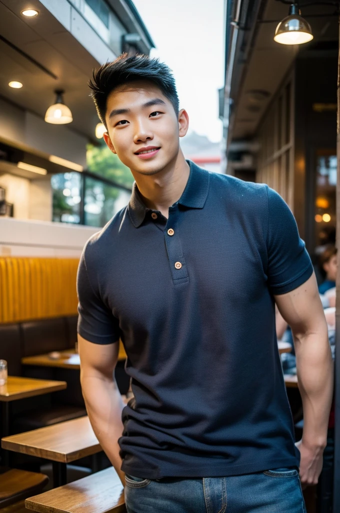 ((realistic daylight)) , Young Korean man in only a polo shirt, no stripes, and jeans., A handsome, muscular young Asian man looks at the camera.  , in the restaurant ,turn sideways, smile