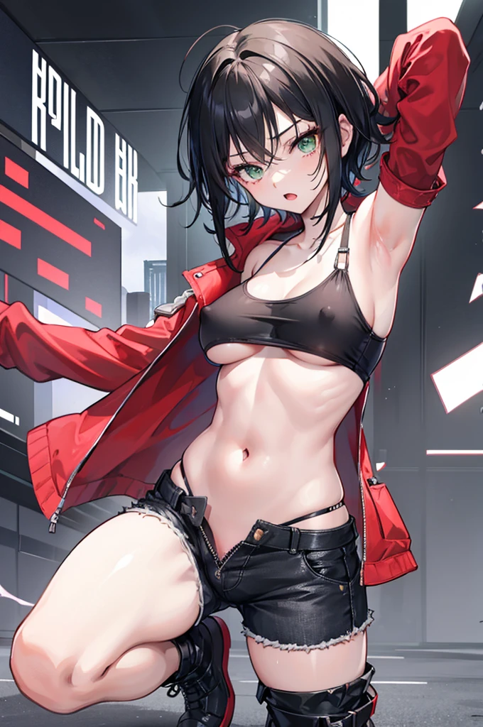 1girl, short black hair, tousled hair, messy hair, green eyes, red jacket, red and black jacket, white top, white tank top, white transparent top, sheer fabric, thin fabric, sheer top, transparent top, white transparent top, loose white top, downblouse, down blouse, no bra, pink nipples, hard nipples, erect nipples, poking nipples, belly, midriff, tomboy, boyish, masculine, androgynous, badass, sideboobs, sidebreast, sideboob, underboobs, armpit, armpits, ribcage, city, city background, black denim shorts, ripped jeans, unbuttoned shorts, unzipped pants, low-rise, looking at viewer, full body, raised arms, raised arm, tying hair, open mouth, short shorts, mound of venus, pubic mound, vagina, cameltoe, hot pants, cyberpunk, cyberpunk city, short shorts, mound of venus, pubic mound, vagina, cameltoe, unbuttoned shorts, unzipped pants, low-rise